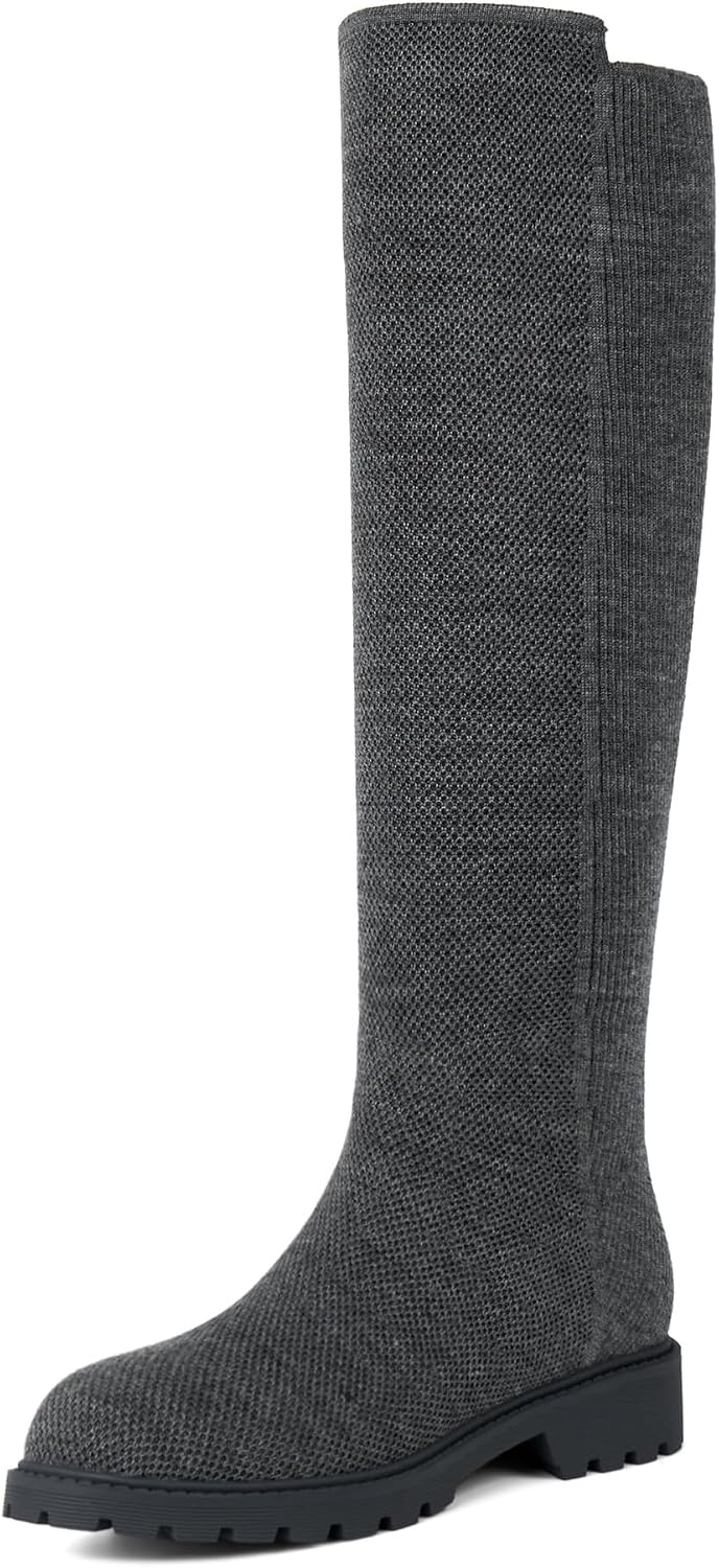 Knee High Boots for Women Rounded Toe Flat Stretchy Tall Long Boots