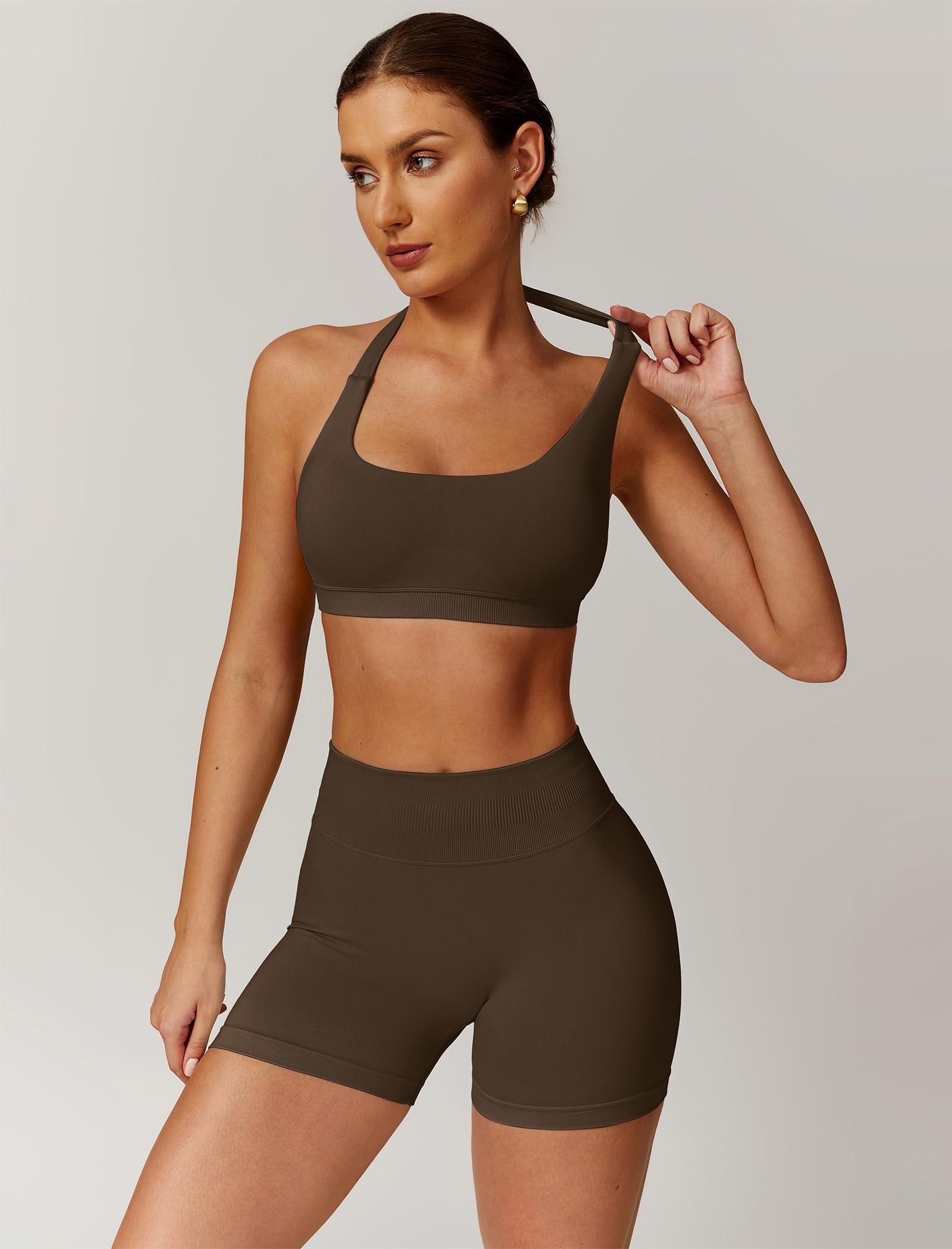 Odizli Sujetador deportivo para mujer + pantalones cortos de cintura alta, dos piezas, gimnasio, entrenamiento, yoga, fitness, ropa deportiva