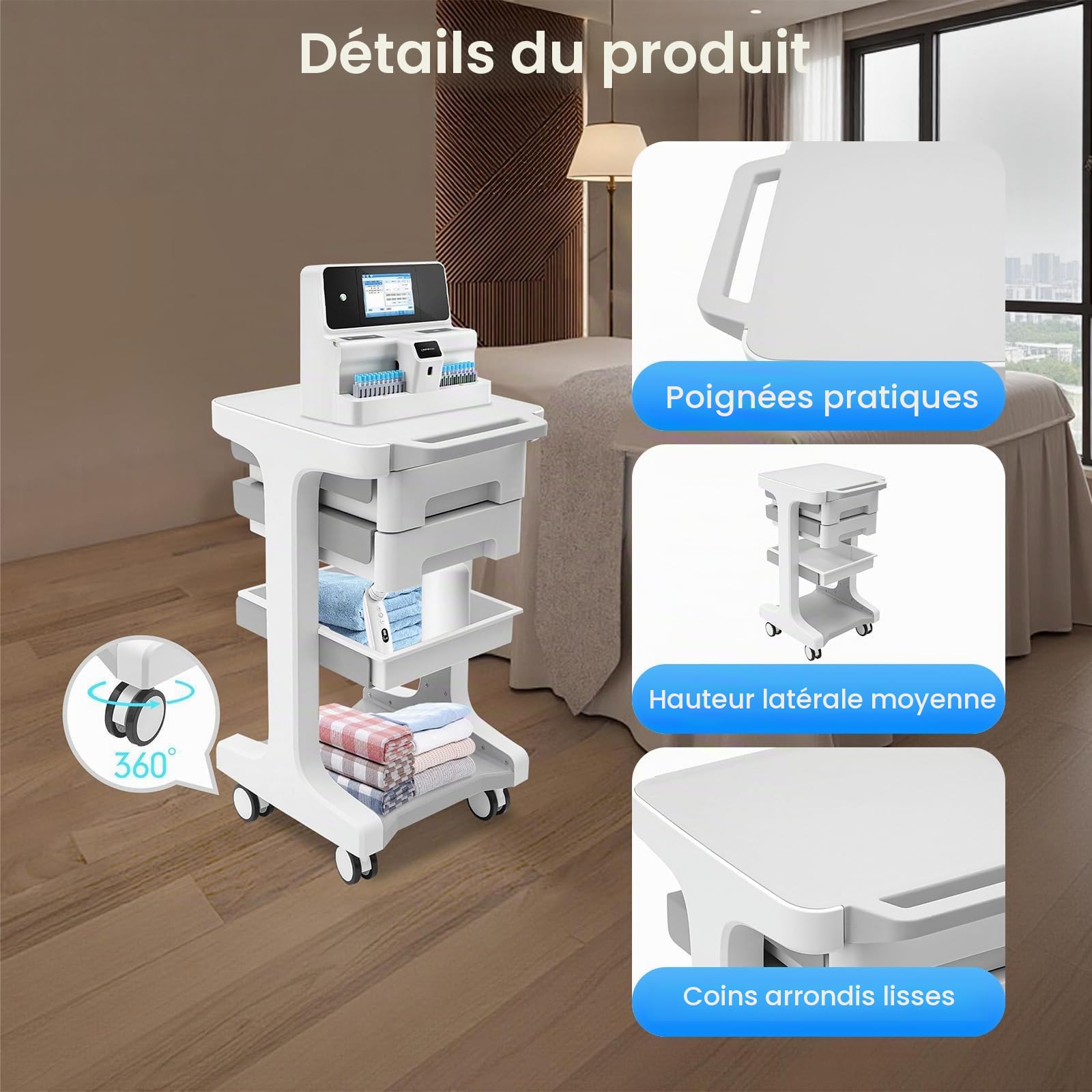 Chariot de laboratoire avec 2 tiroirs et étagère supérieure - 60 kg - Chariot de rangement - Chariot de rangement - Chariot de coiffeur - Chariot de travail - Chariot de service pour clinique et salon