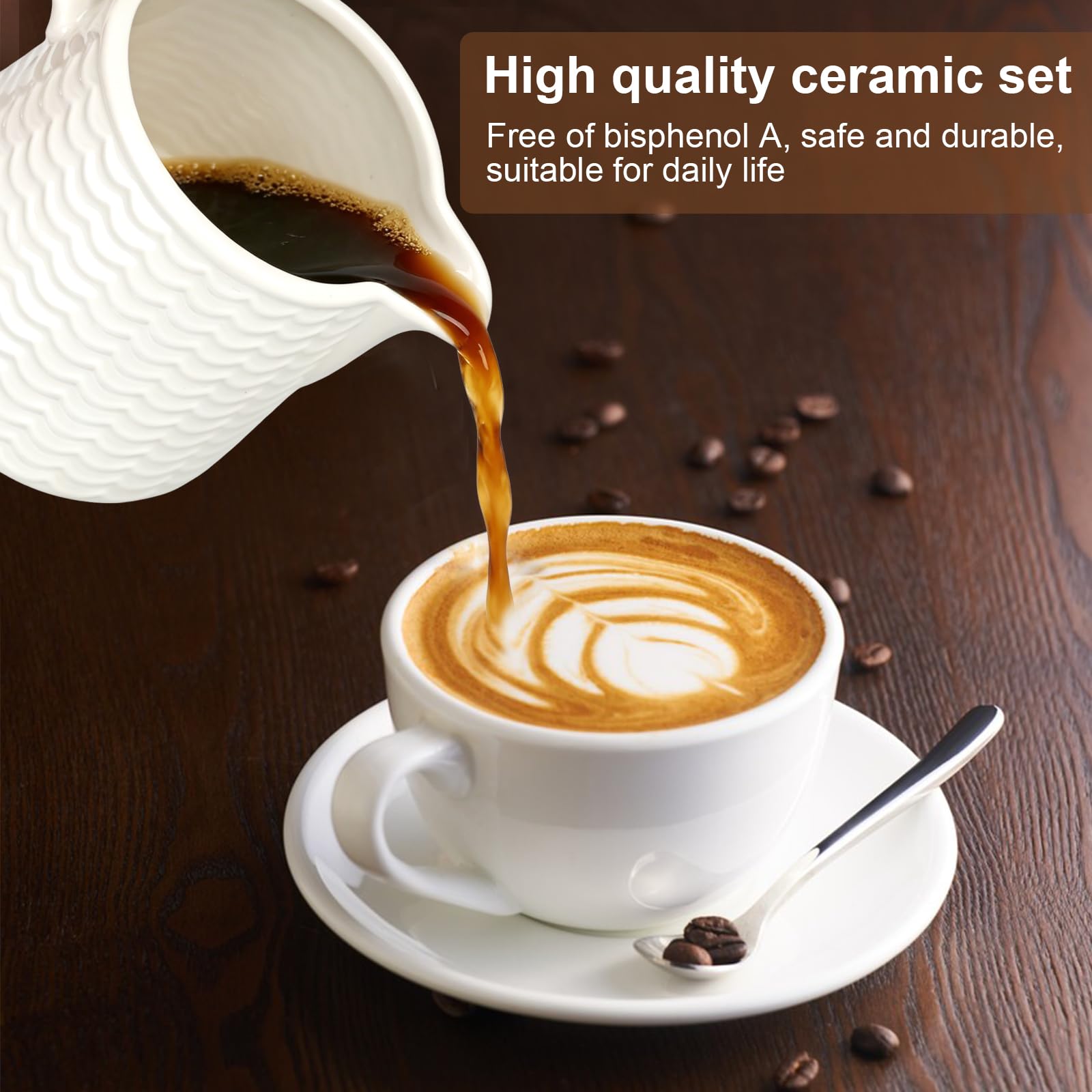 Set per latte e zucchero con coperchio e cucchiaio, bricco per latte in ceramica bianca e zuccheriera con vassoio in legno, lavabile in lavastoviglie e adatto al microonde