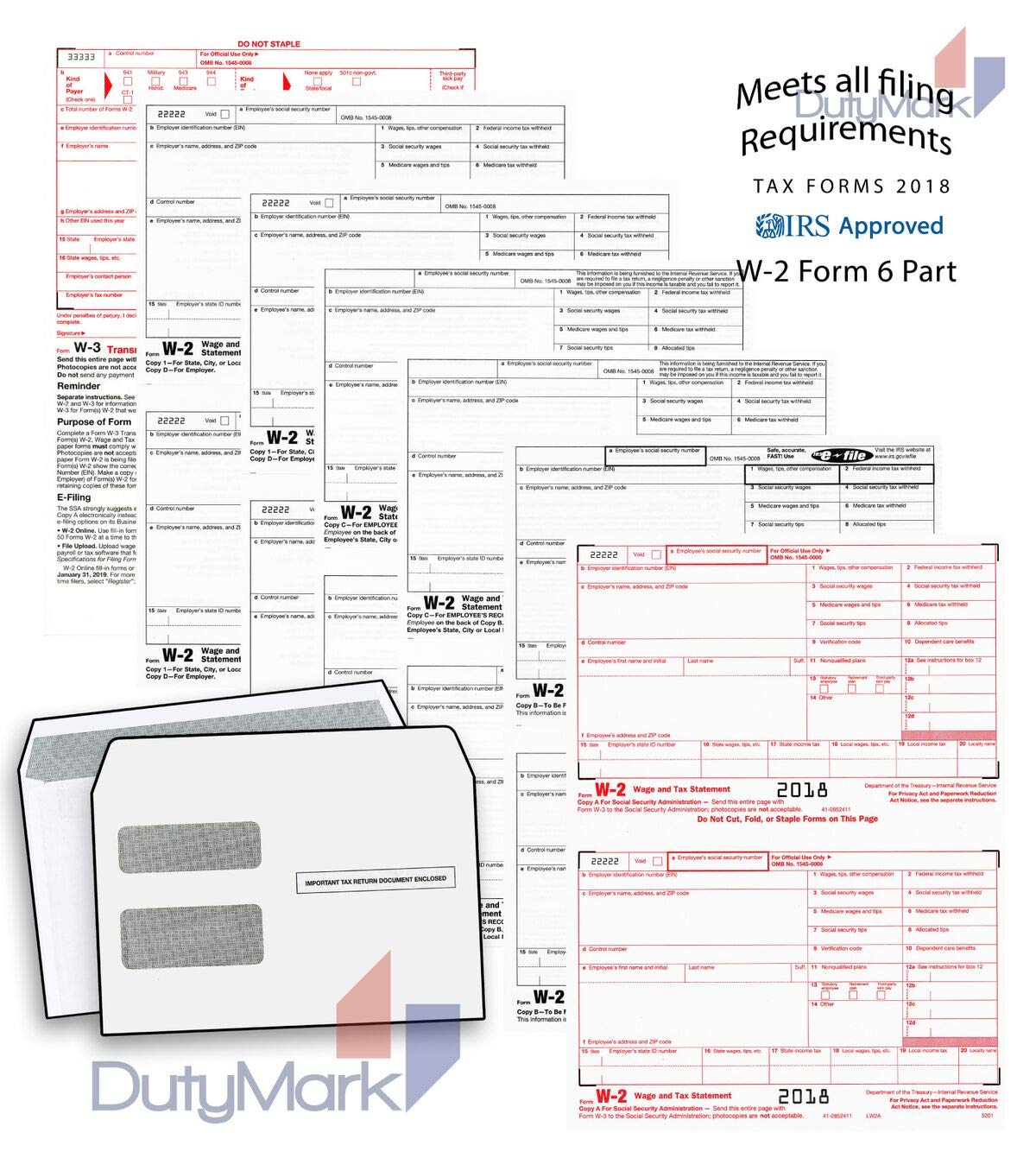 W2 Forms 2024 Income Set, 6 Part 50 Employees KIT, Laser Tax Forms and W-3 Transmittal Legal W2 Forms with 50 Self Seal Envelopes in Pack Great for QuickBooks and Accounting Software, 2024 W2