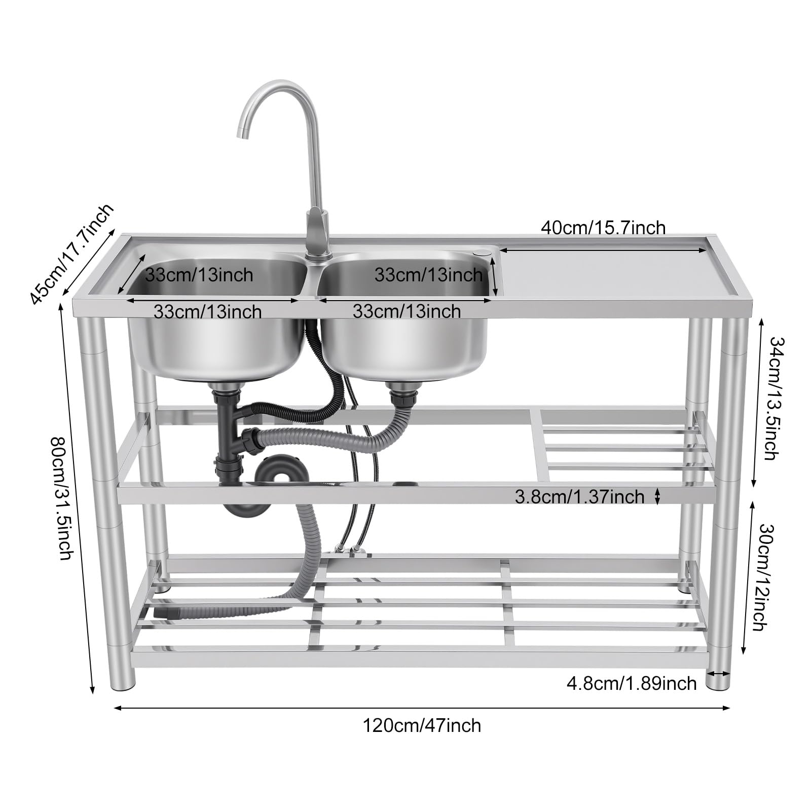Lavello Portatile in Acciaio Inox, Lavabo Freestanding con 2 Vasche, Sink Cucina da Esterno con Ripiani, Lavandino da Campeggio per Camper con Rubinetto 360°,Capacità di Carico di 100kg