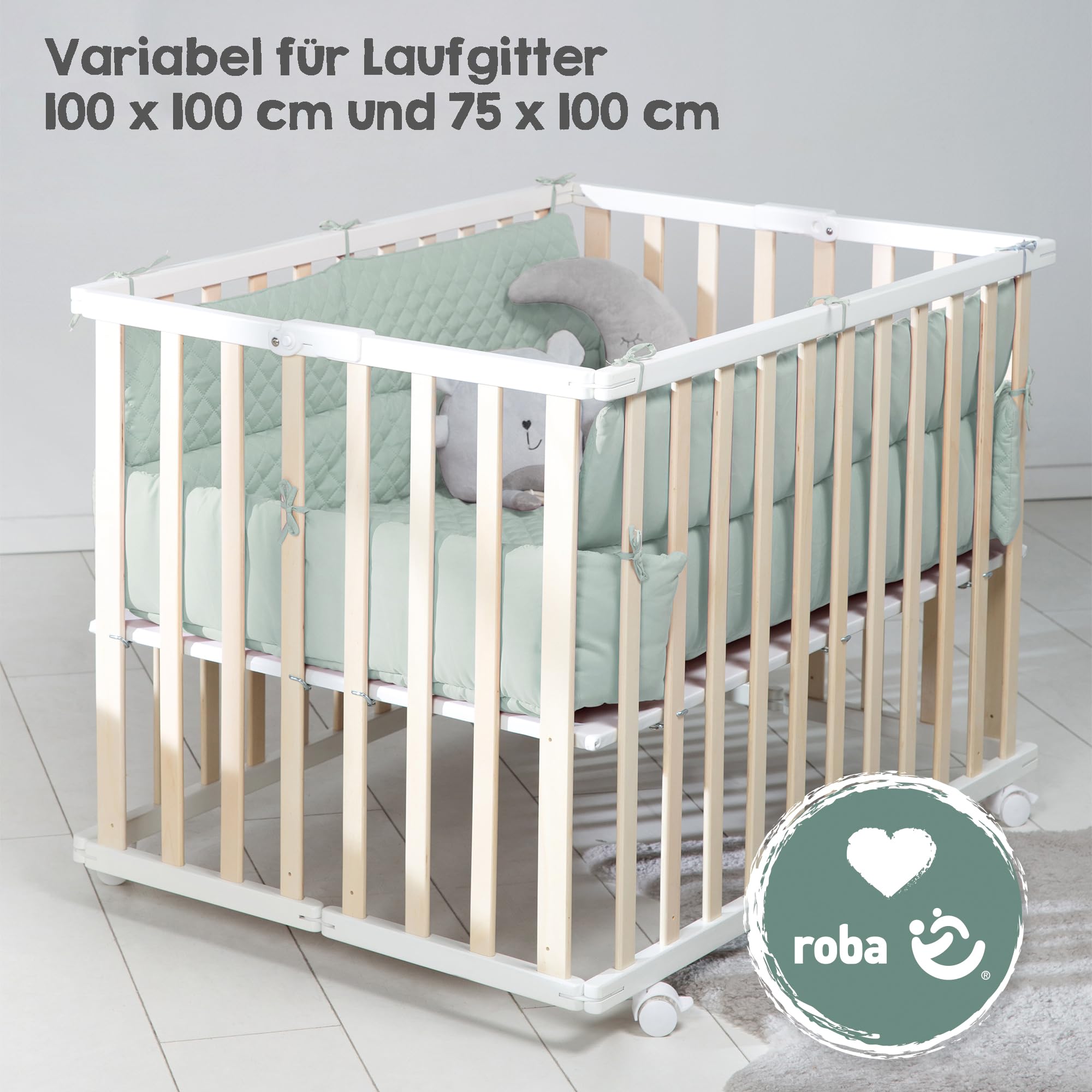 roba Laufgittereinlage "roba Style" für Laufgitter 75 x 100-100 x 100 cm - Gesteppte Einlage mit Seitenpolsterung - Frosty Green