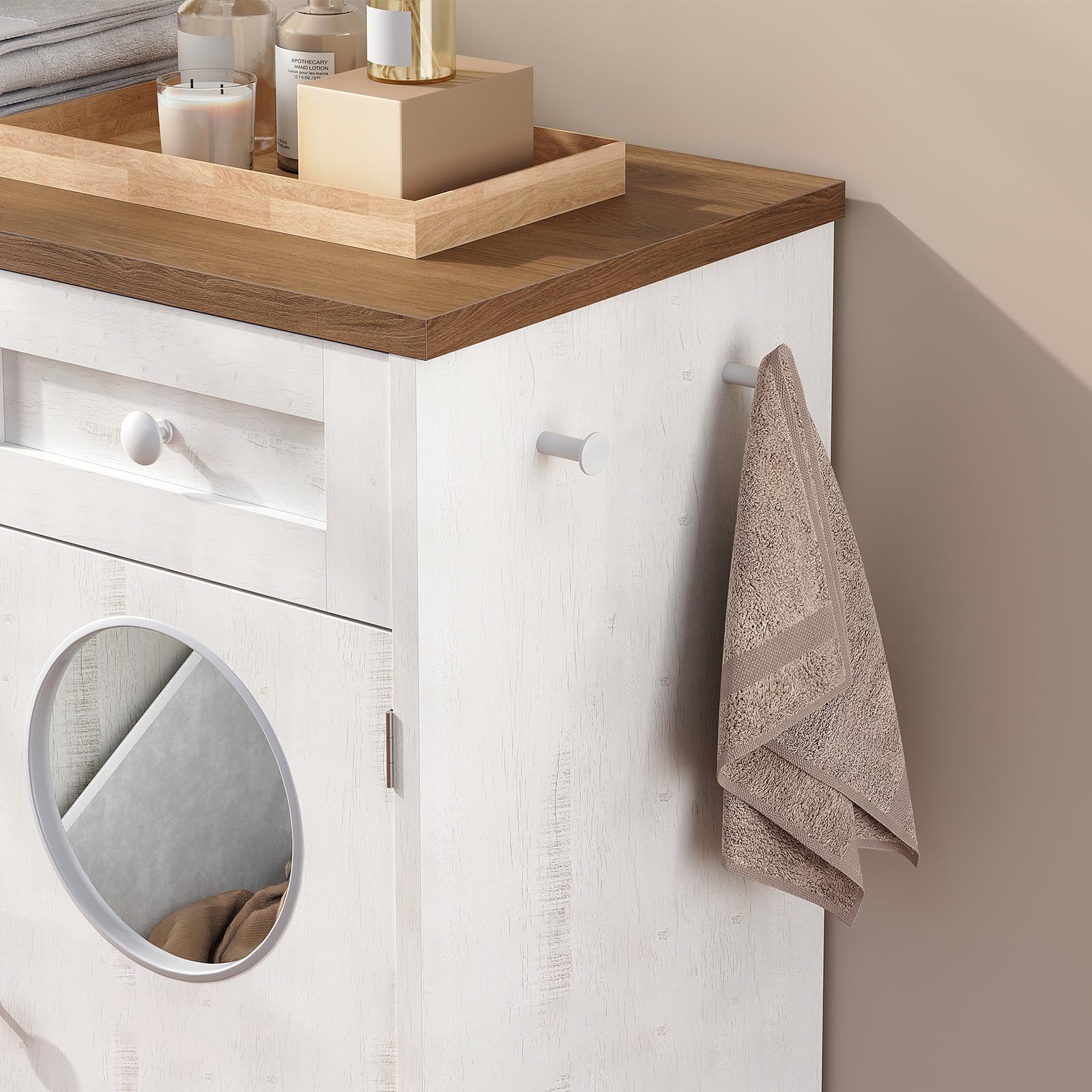 HOOBRO Mobile Portabiancheria per Bagno con Doppio Cesto Portabiancheria Inclinabile, Mobiletto Bagno con 2 Cassetto, 2 Sportelli, per Bagno, Lavanderia, Bianco e Noce EWHZ36XY01