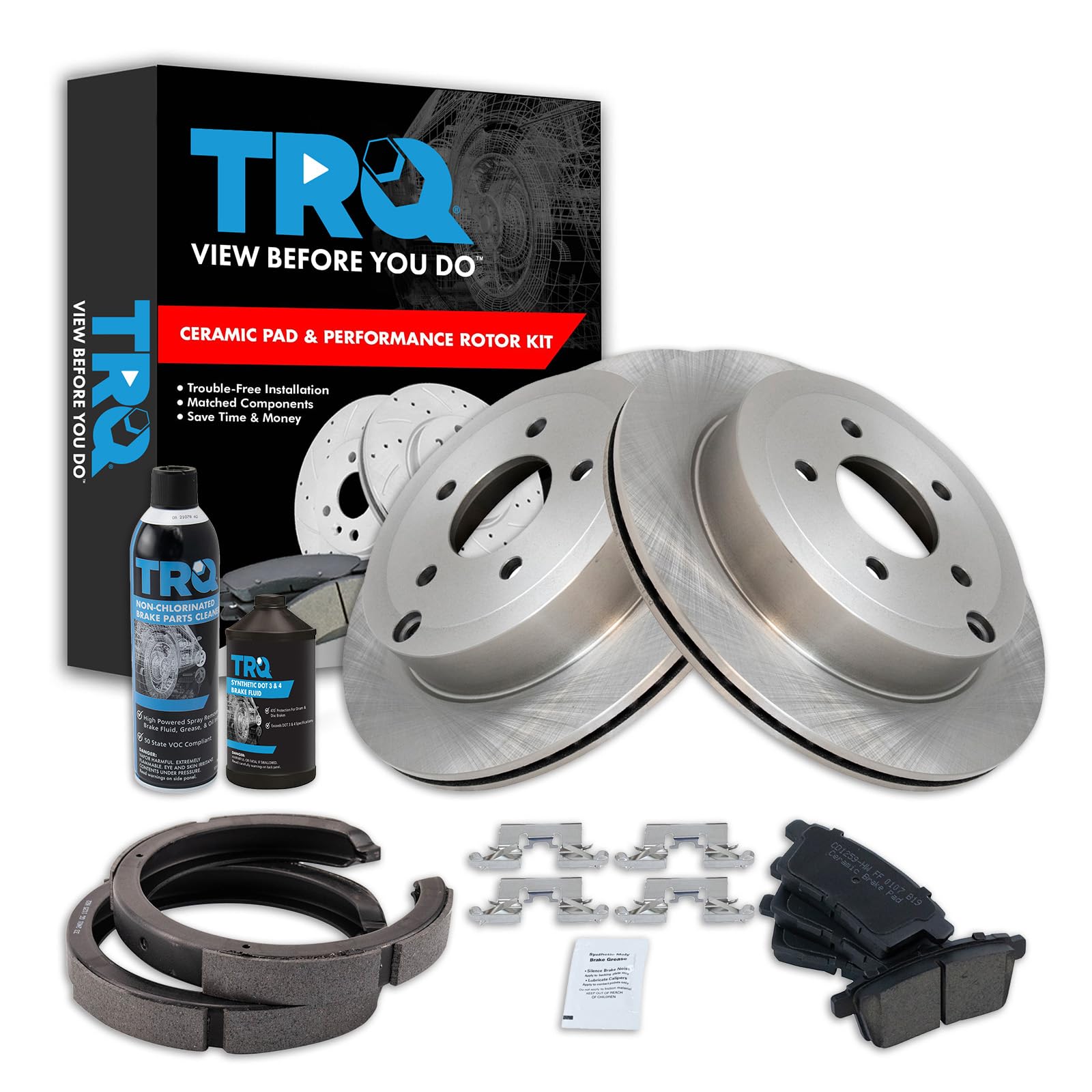 TRQ Rear Brake Pad &amp; Rotor Kit, with Chemical Kit Parking Brake Shoe Set Ceramic Compatible with 2007-2010 Ford Edge Lincoln MKX