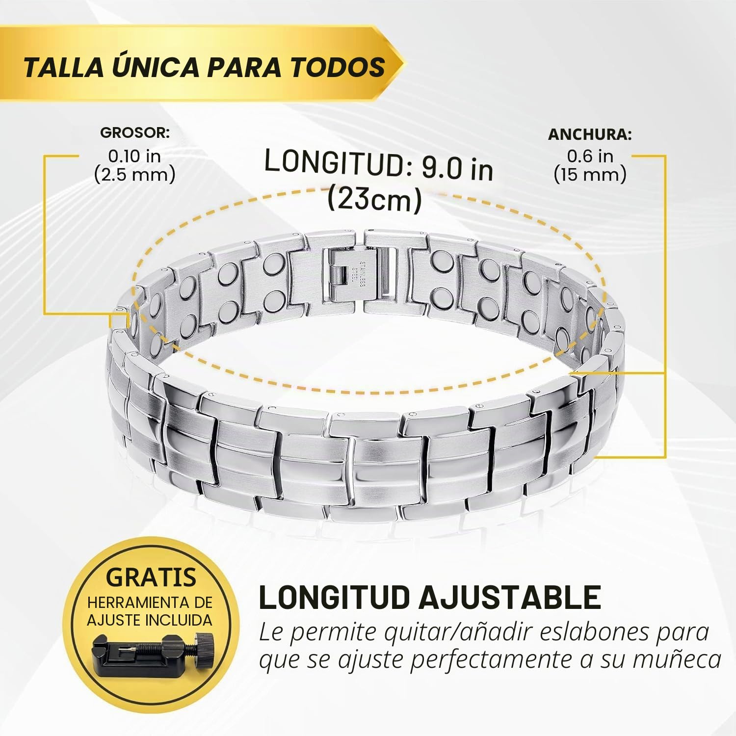 MagnetRX® Pulsera Magnética Ultrarresistente - Brazaletes de Acero Inoxidable para Hombres – Pulsera de Longitud Ajustable con Herramienta de Medición para un Ajuste Perfecto (Plateada)