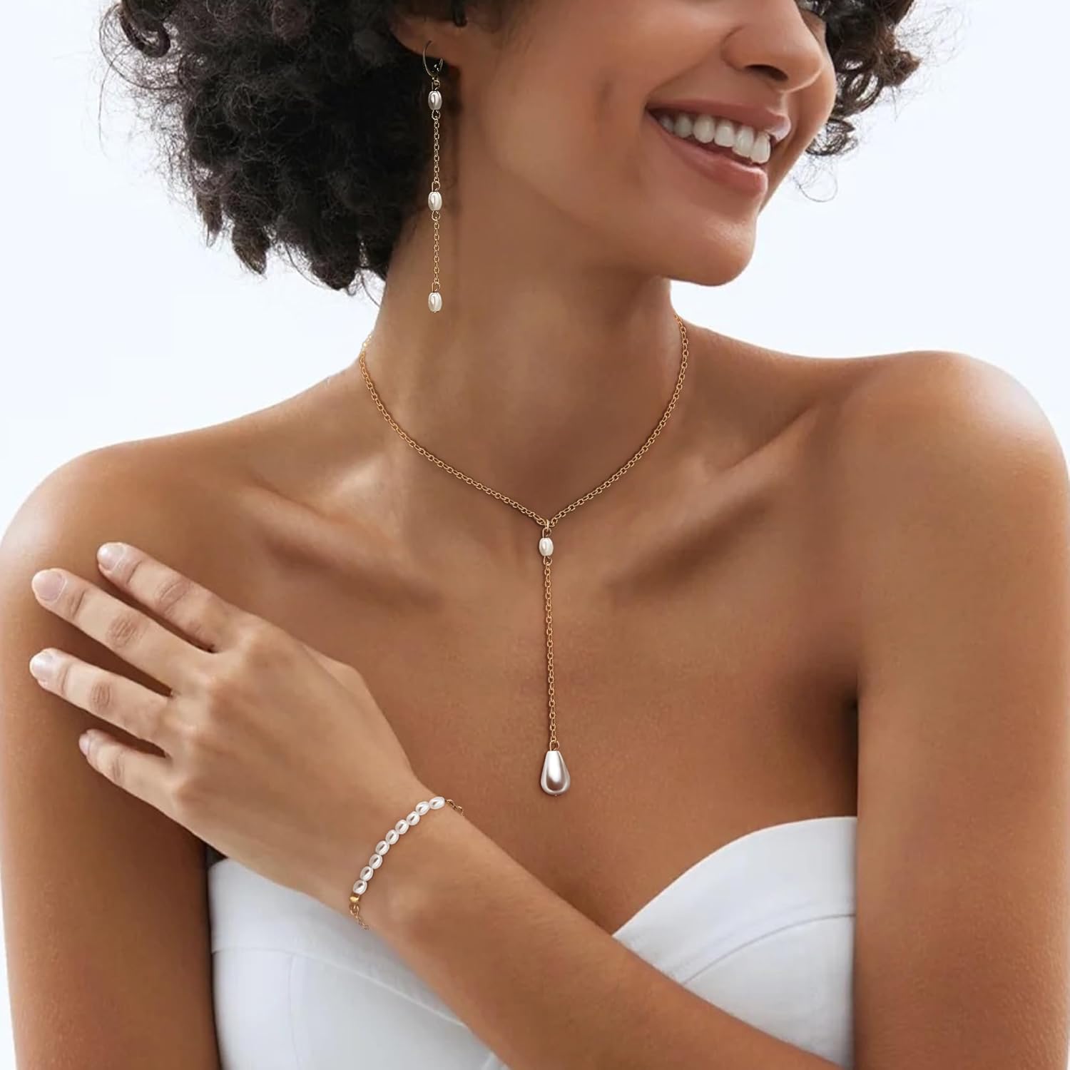 AILUOR Gold Jewelry Set for Women - 14K Gold Plated Pearl Necklace & Earring Set with Drop Earrings, Bracelets, Choker Necklace - Dainty Wedding Pearl Jewelry - Image 2