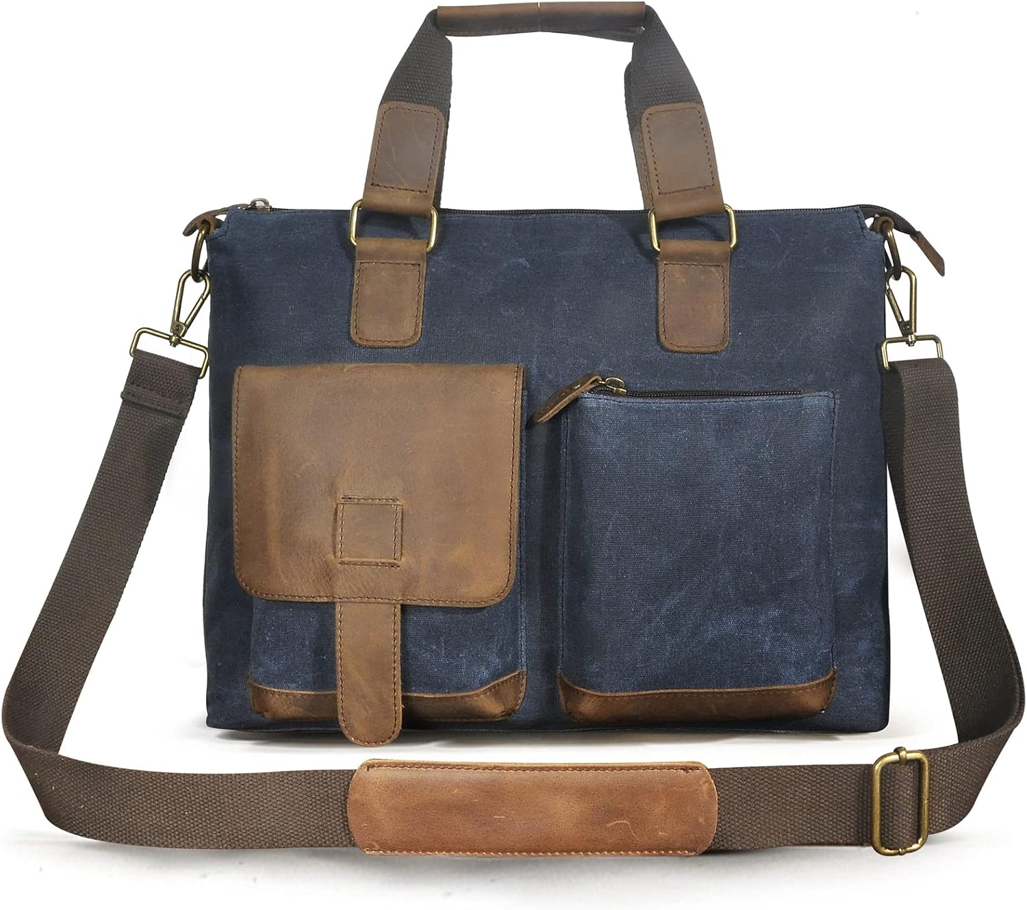 Le'aokuu Mens Canvas And Genuine Leather Business Briefcase Waterproof Travel Laptop Case Handles Shoulder Messenger Bag 260