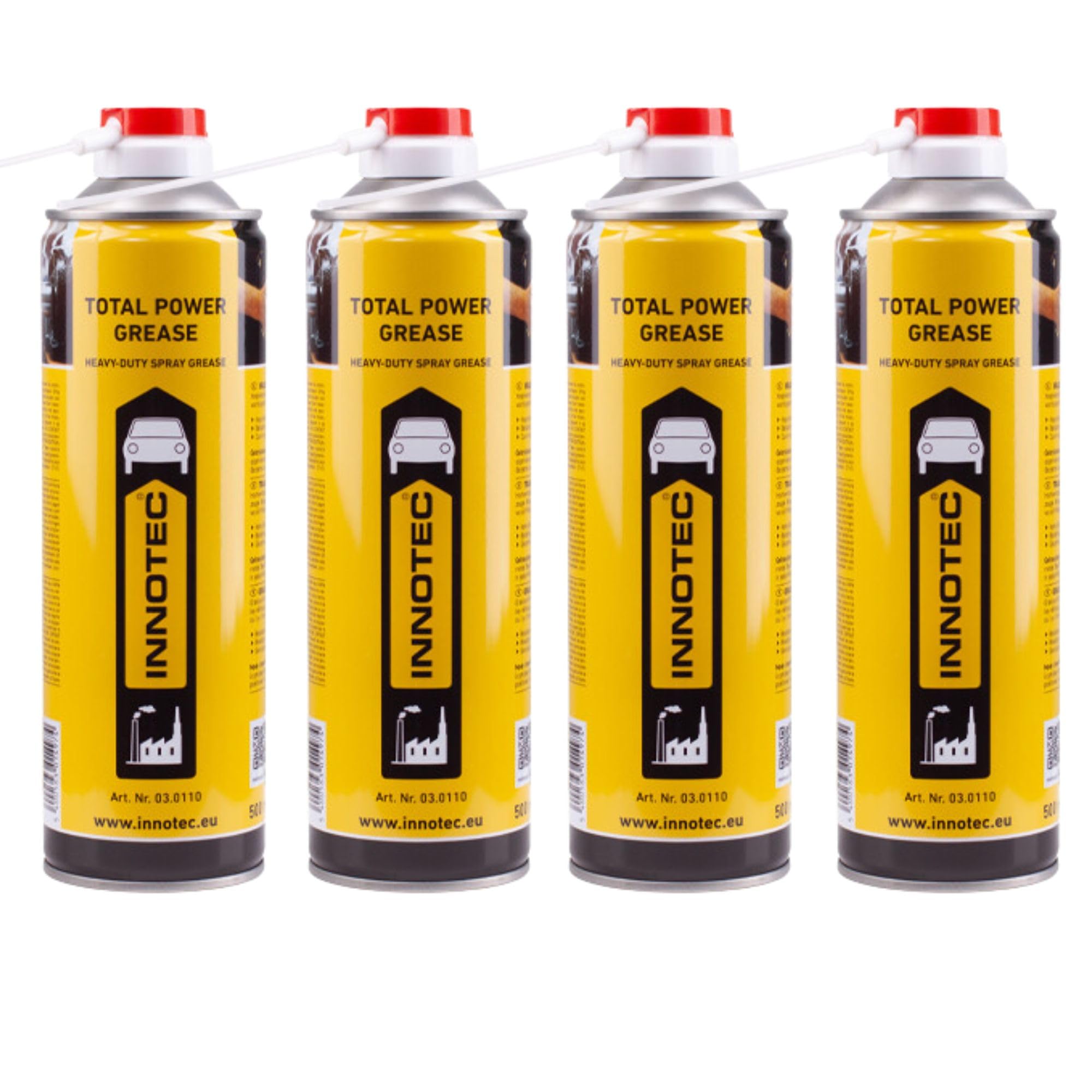 4 Stück INNOTEC Total Power Grease 500 ml – nahezu transparentes, extrem Druck- & temperaturbeständiges Sprühfett, gutes Eindringvermögen, säurefrei, wasserabweisend, zur Schmierung von Metallteilen