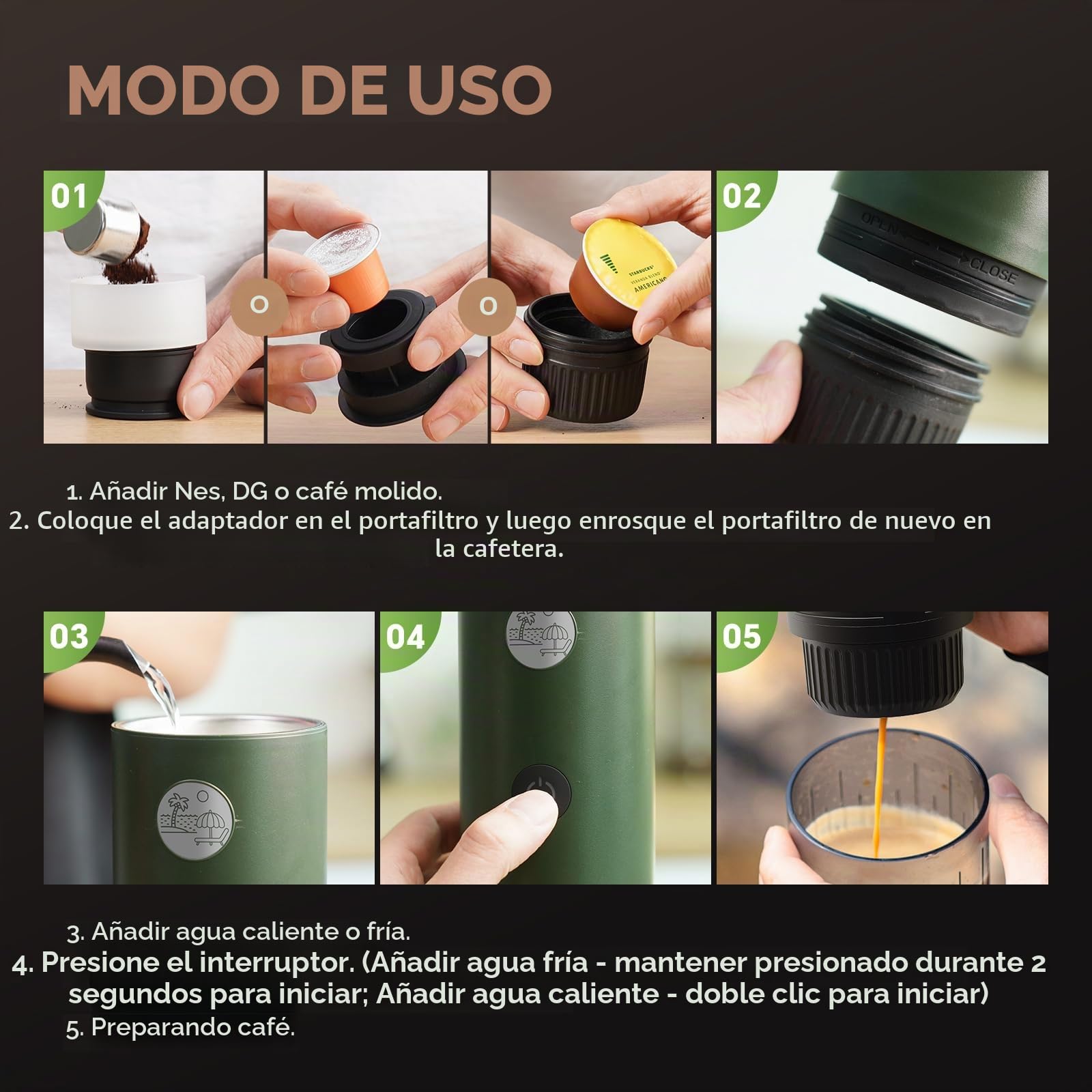 Cafetera portátil 3 en 1, máquina de espresso de 19 bares con calentamiento automático, compatible con cápsulas NS y DG, así como café molido para camping, senderismo, viajes y hogar (Verde)