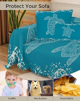 Turtle Turquoise Sofa Covers for 3 Cushion, Washable Couch Cover for Sectional Sofa Slipcovers with Tassel, Coastal Ocean Boho Flower Retro Mottled Loveseat Covers Futon Cover Blanket 71''x118''