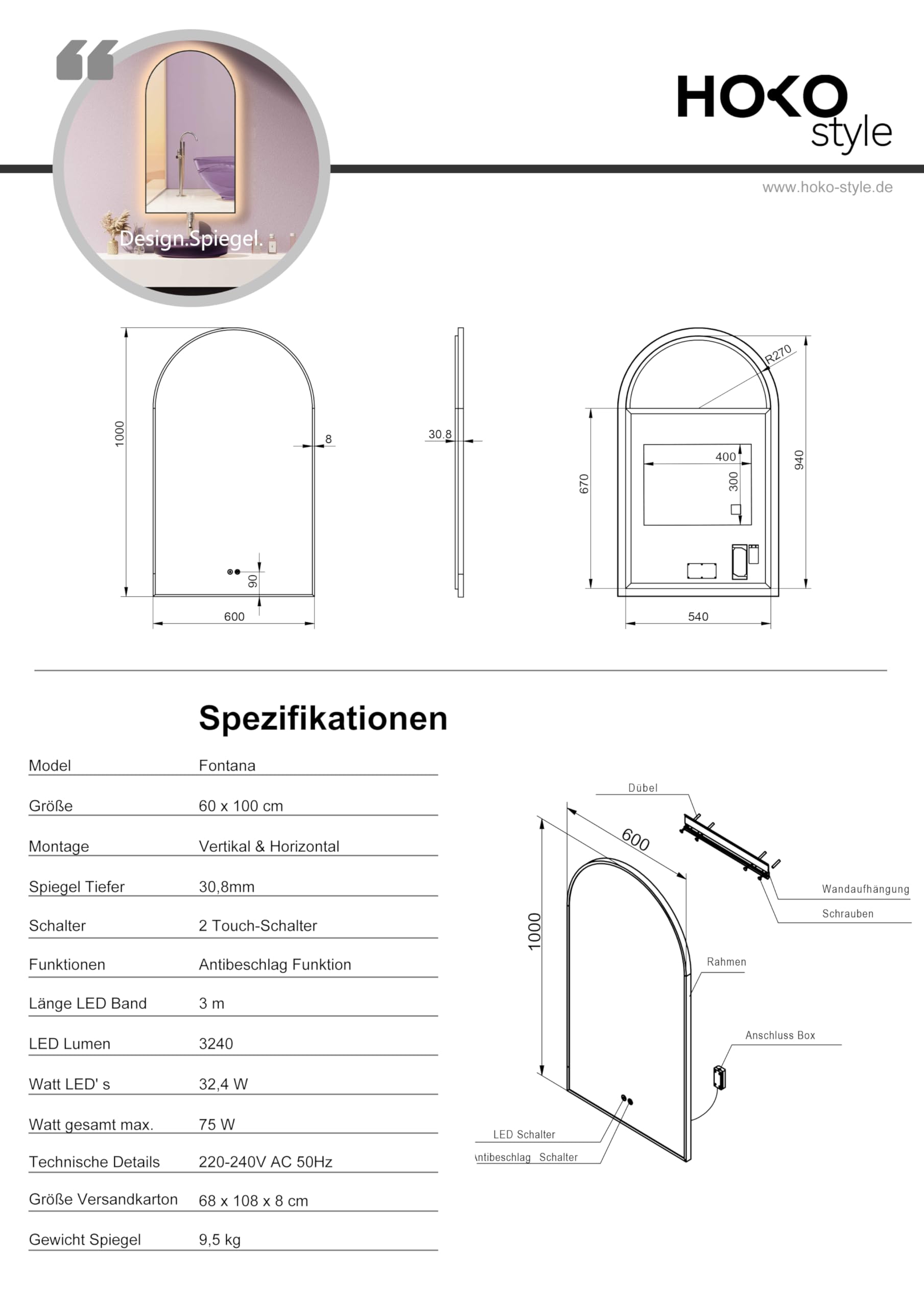 HOKO Antibeschlag LED Bogenspiegel 60x100 cm / 100x60 cm Fontana mit Schwarzer Metallrahmen, HOCH+QUER Montage. Arch Badspiegel+Touch Schalter+Licht Wechsel 2700-6500K, Warmweiß-Kaltweiß-Neutral