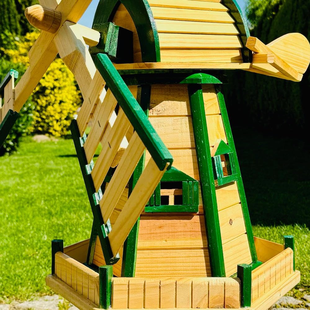 Handgefertigte sechseck Doppelstock Garten Windmühle aus Holz Natur/Grün Höhe 93 cm