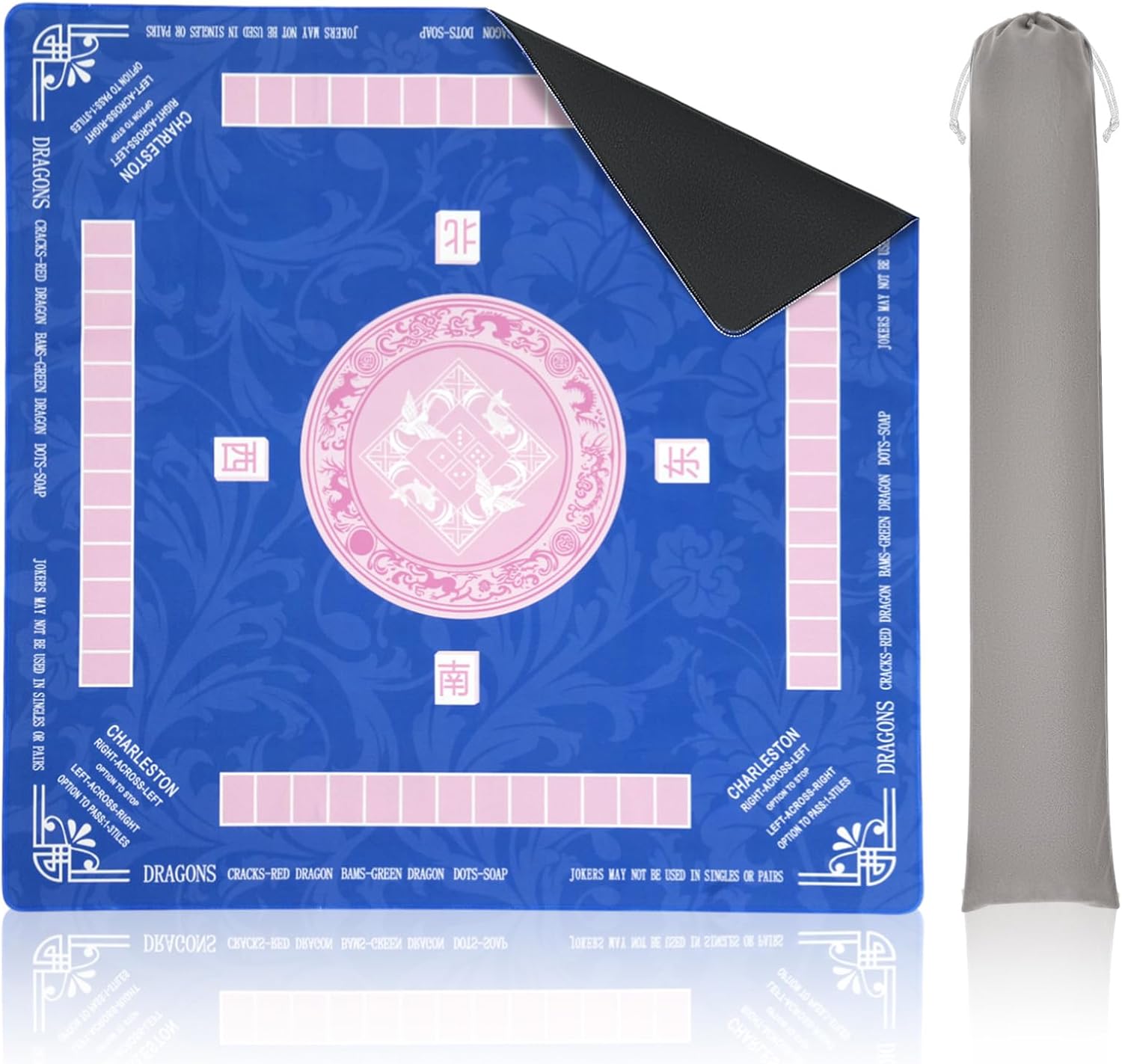 Mahjong Mat with Game Rules & Carrying Bag, 32x32 Inch Non-Slip Noise-Reducing Rubber Mat for Mahjong, Poker & Board Games (Pink)