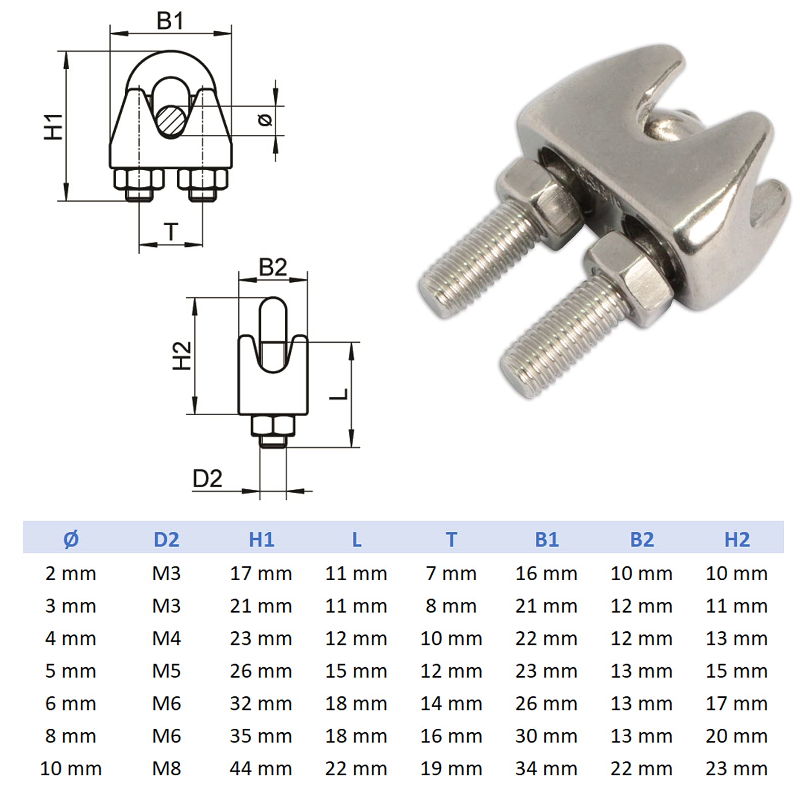 einnovative 4 mm Stainless Steel U - Bolt Type Wire Rope Clip Clamp Regular for BOAD Heavy Duty U-Bolt Type Wire Rope Clip Clamp (10) 1