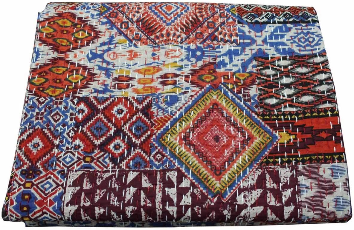 Mango Gifts Pure Cotton Kantha Twin Size Quilt Floral Bedspread, Indian Gudri Bed Cover 60" X 90" Inches Approx