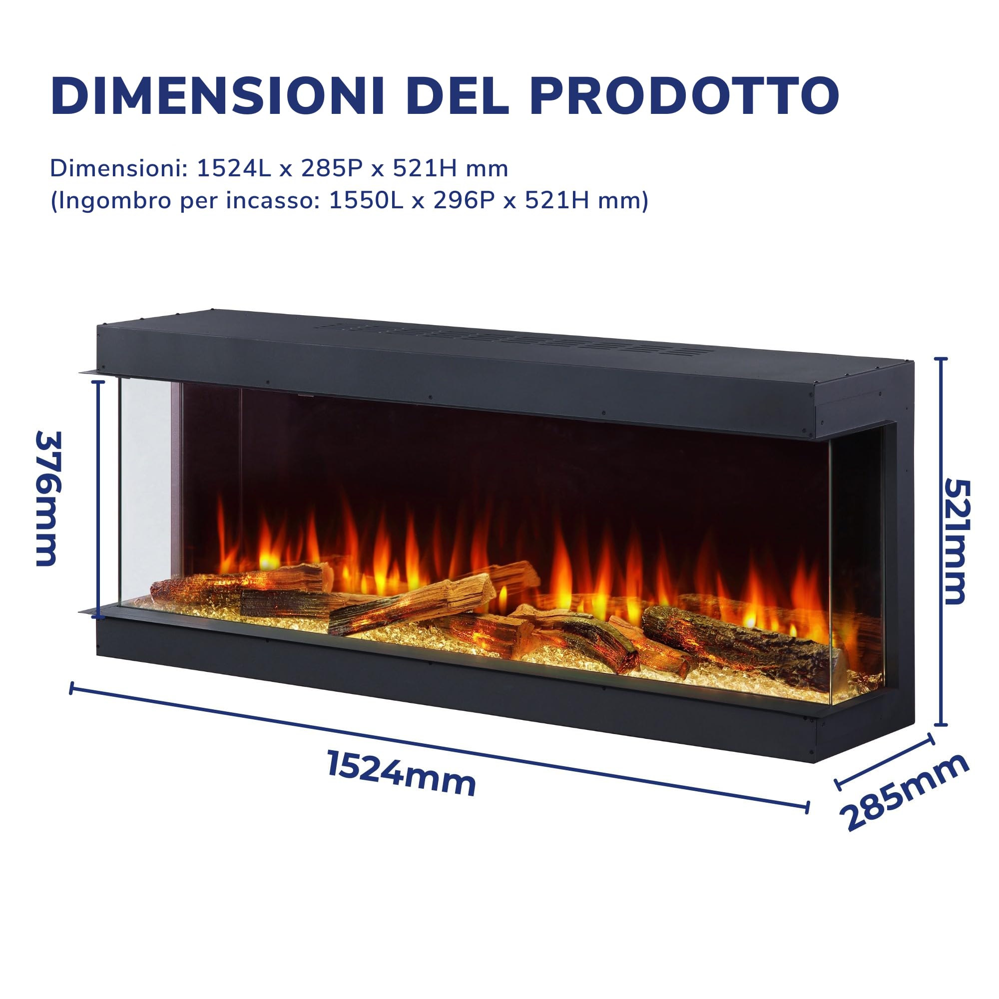 Endeavour Fires Deluxe Rosedale Camino Elettrico 3 Lati per Parete Multimediale, App Wi-Fi Smart e Telecomando, Crepitio del Fuoco, Specchio Nero Riflettente, Set di Ceppi LED, Potenza 1.5 kW (60'')