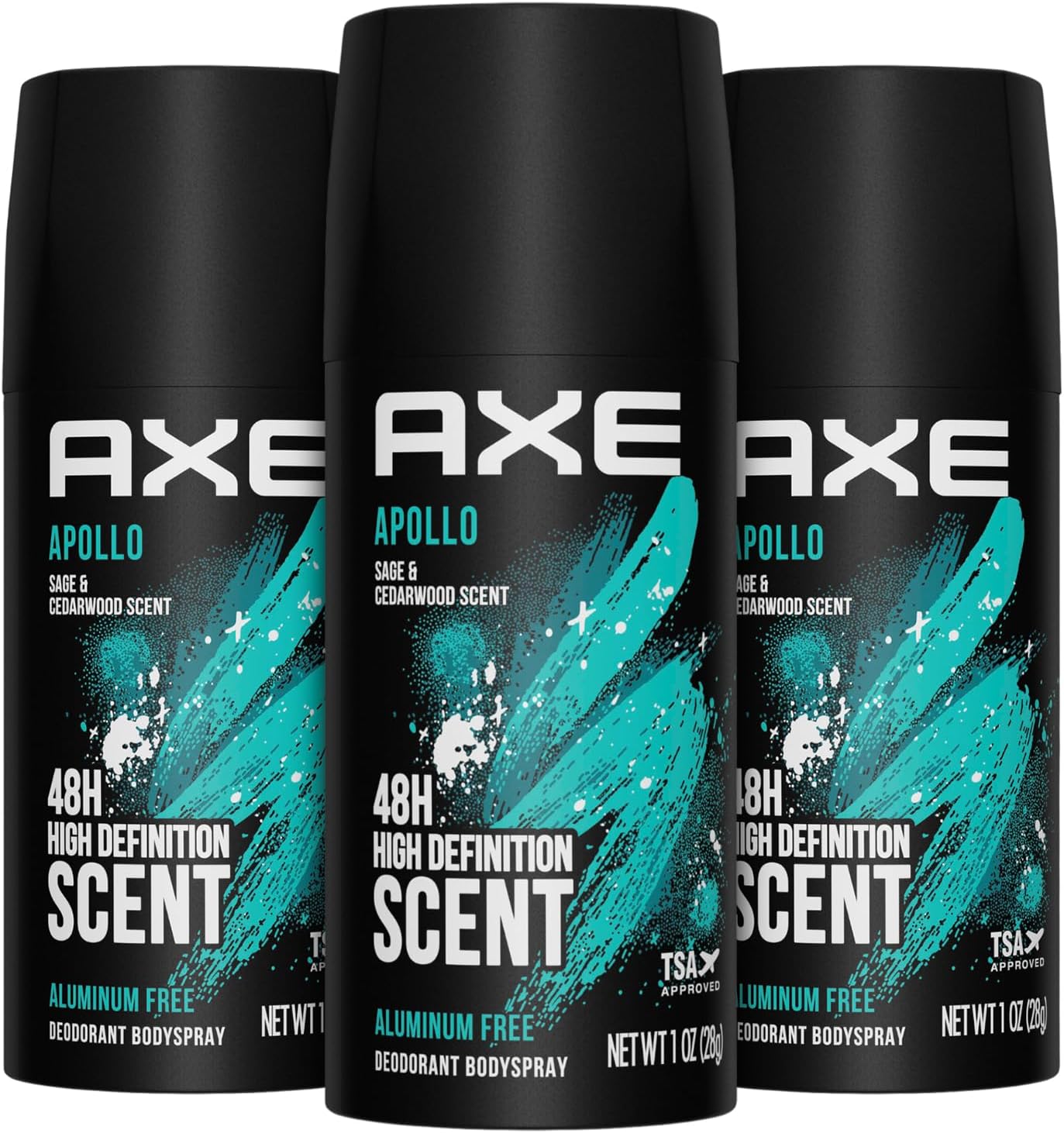 AXE Apollo Deodorant for Body Spray, 3-48H, High Resolution, with Fragrance and Protection from Odors, Sage and Cedarwood, No Aluminium, 3 oz Ea