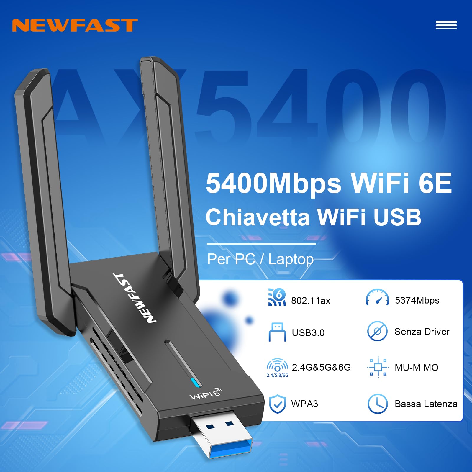 NEWFAST Chiavetta WiFi 6E USB 5400Mbps Tri-Band 6/5/2,4GHz USB3.0 OFDMA MU-Mimo WPA3 NF-U353