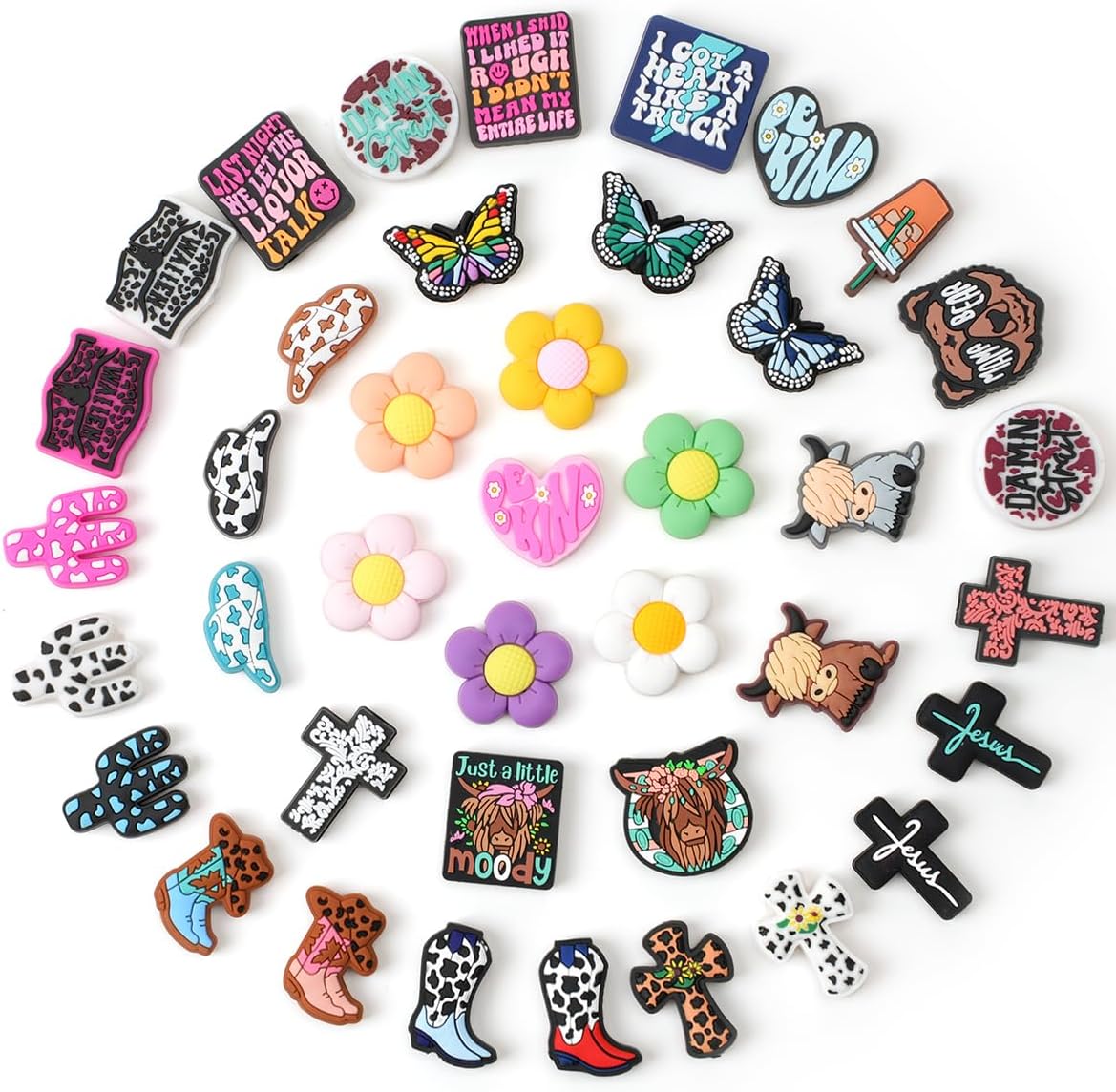 Kaciola 40PCS Silicone Focal Beads for Pens, Flower Butterfly Faith Funny Words & Western Cow Theme Bulk Shaped Silicone Beads for Keychain Making, Funny Beadable Pens for DIY Crafts