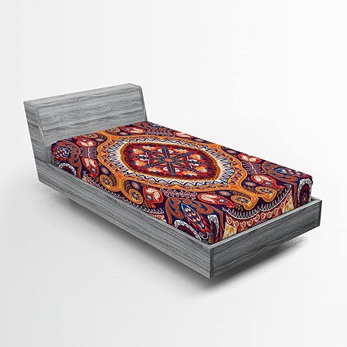 Ambesonne Sábana bajera ajustable de cachemira, diseño inspirado en el patrón de alfombra ornamental con flores y hojas, funda de cama con bolsillo