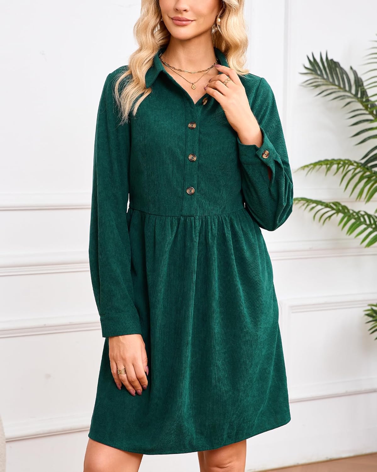 Women's Corduroy Shirt Dress Casual Long Sleeve V Neck Button Down Tunic Mini Dress with Pockets - Image 5