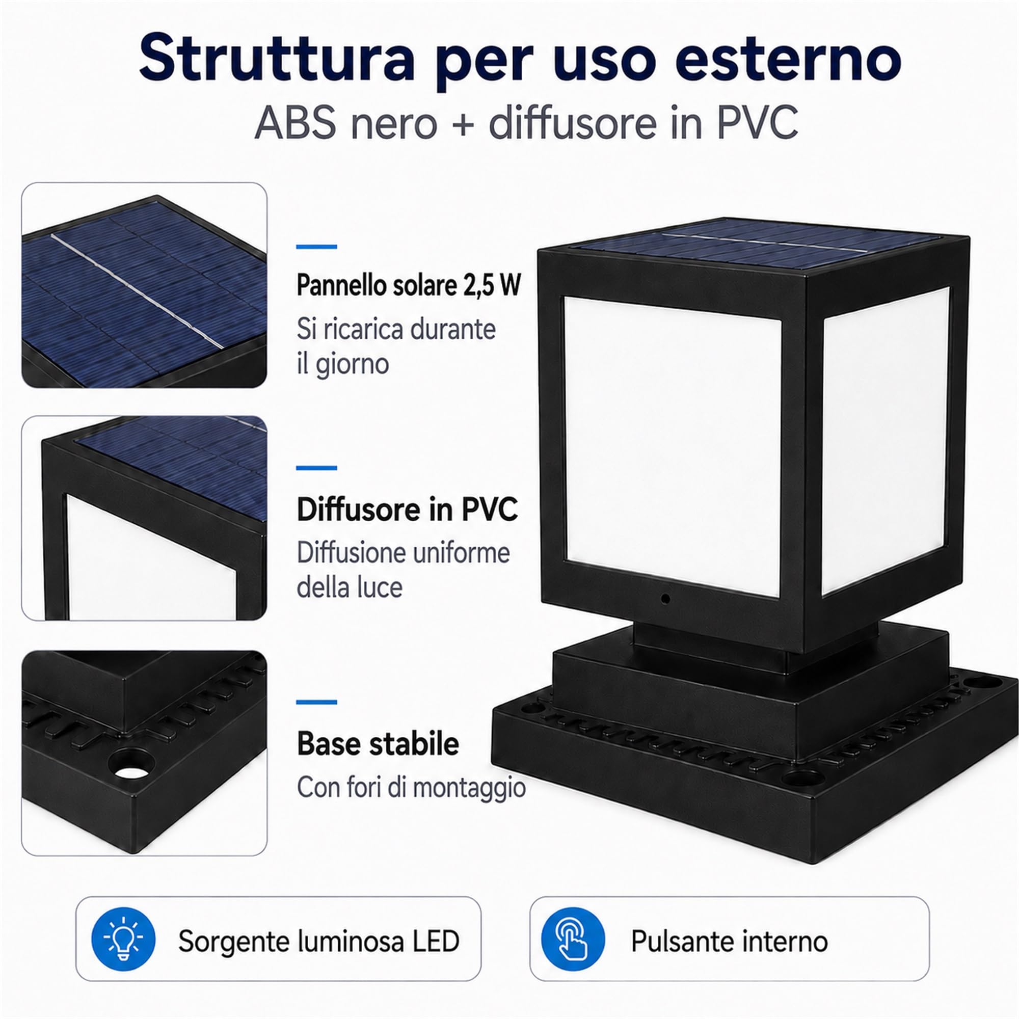 Lampione Solare da Giardino IP45, Luce da Pilastro LED, Nero | Luce solare da pilastro per giardino, cancello e vialetto; 2200mAh, 12 LED, IP45, 6000K Luce Bianca