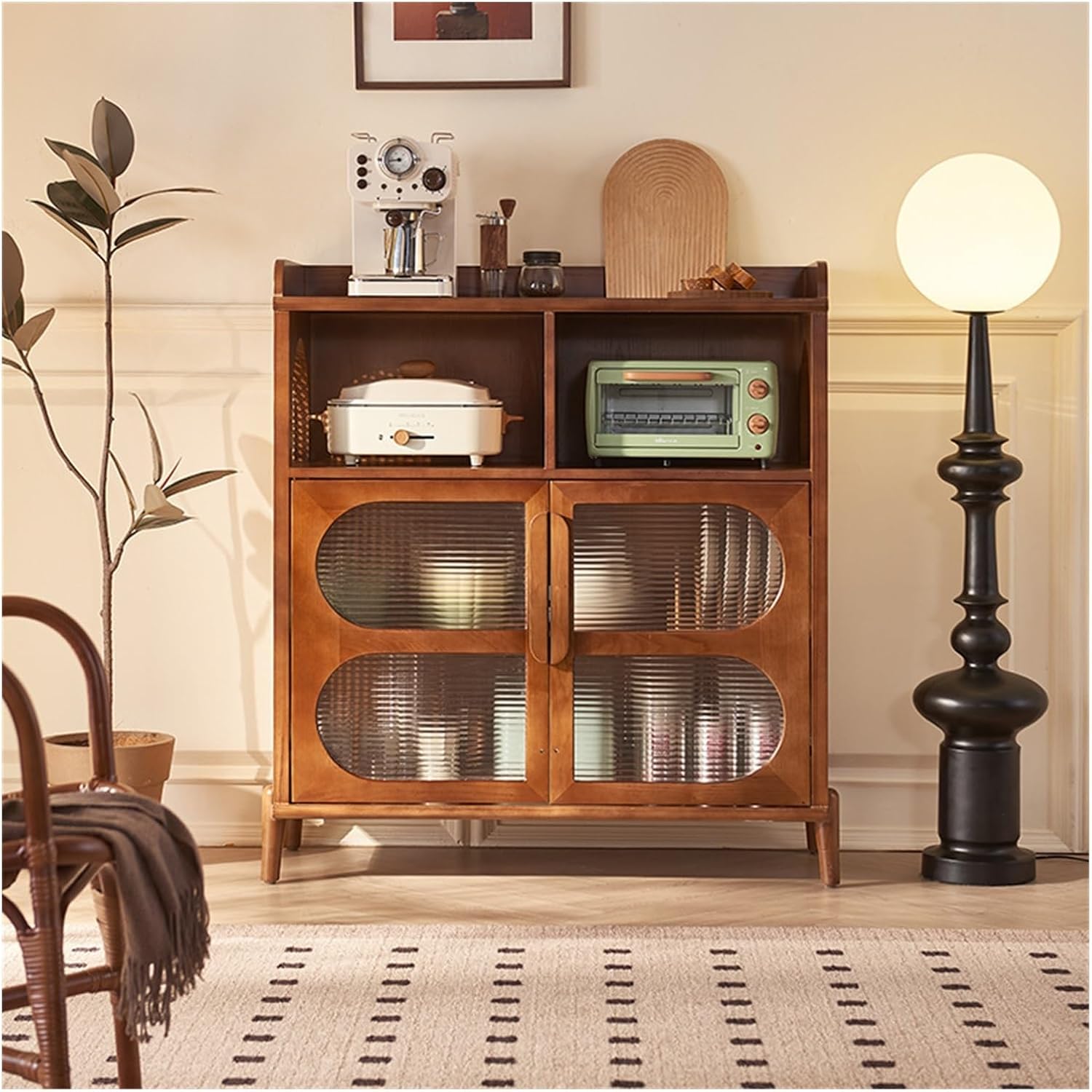 Buffet Cabinet Solid Wood Rattan Sideboard Living Room Storage Cabinet Entryway Double Door Pantry Kitchen Cabinet