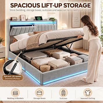 Double Bed Frame with Storage, 4ft6 Ottoman Bed 135x190cm with Hydraulic Lift, Velvet Upholstered Bed with LED Headboard, USB & Type-C Charging, Storage Headboard, Grey, No Mattress