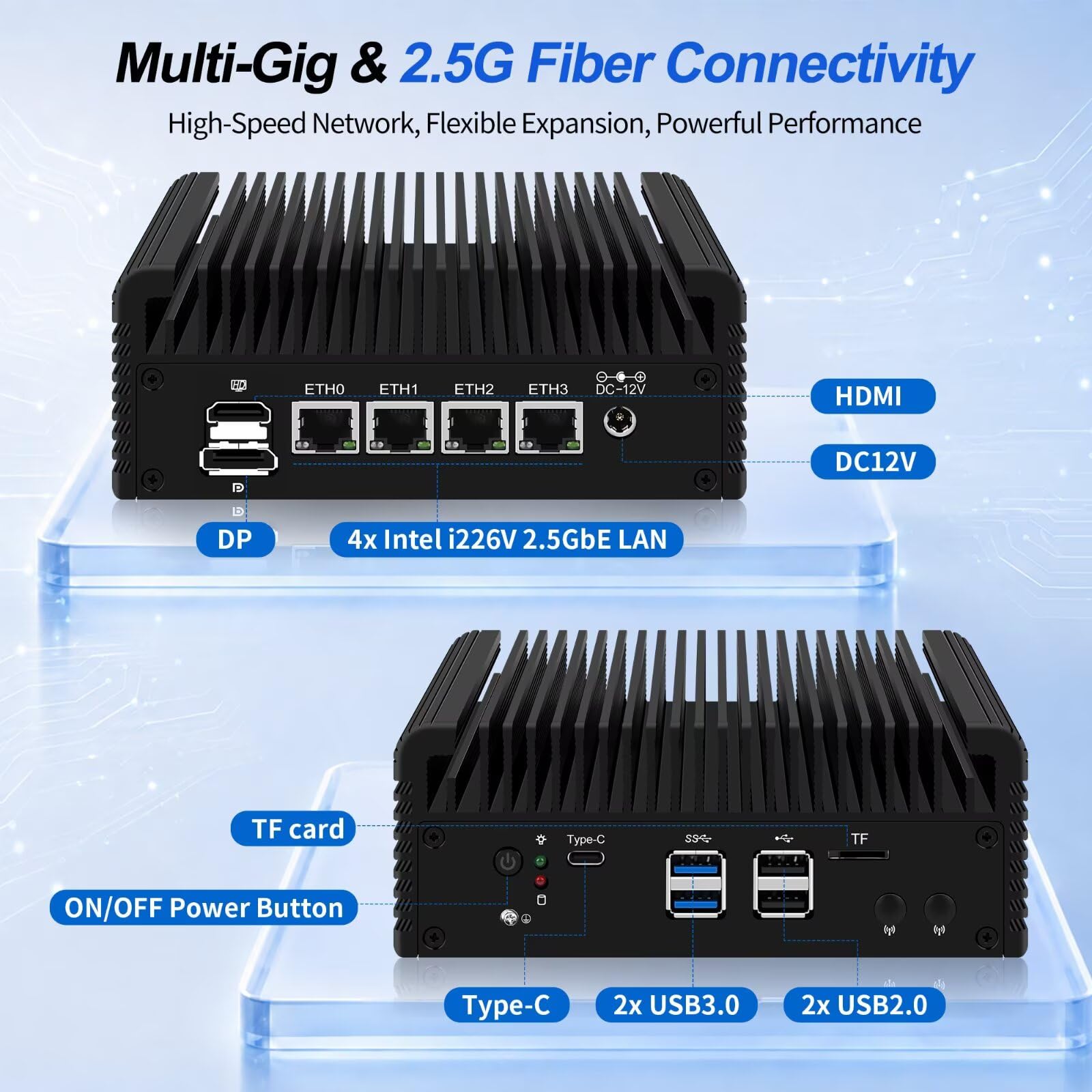 Firewall Mini PC U300E, 4x 2.5GbE i226V LAN, Fanless, DDR5 32G RAM 512G SSD