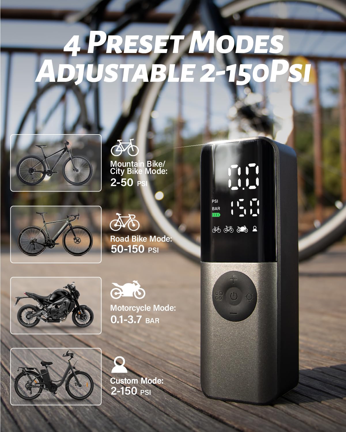 GPUTEK Pompa elettrica per bicicletta, mini pompa ad aria per bicicletta, 150 PSI, con misuratore di pressione digitale, ricaricabile, con accessori per valvole per bici da corsa, mountain bike