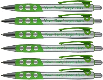 Personalized Ballpoint Pens With Custom Logo/Text-350 Pack Bulk-for Businesses, Parties, Events, Custom Printed, Silver Barrel with Matching Colored Clip and Grip, Click Pens, Black Ink, Green