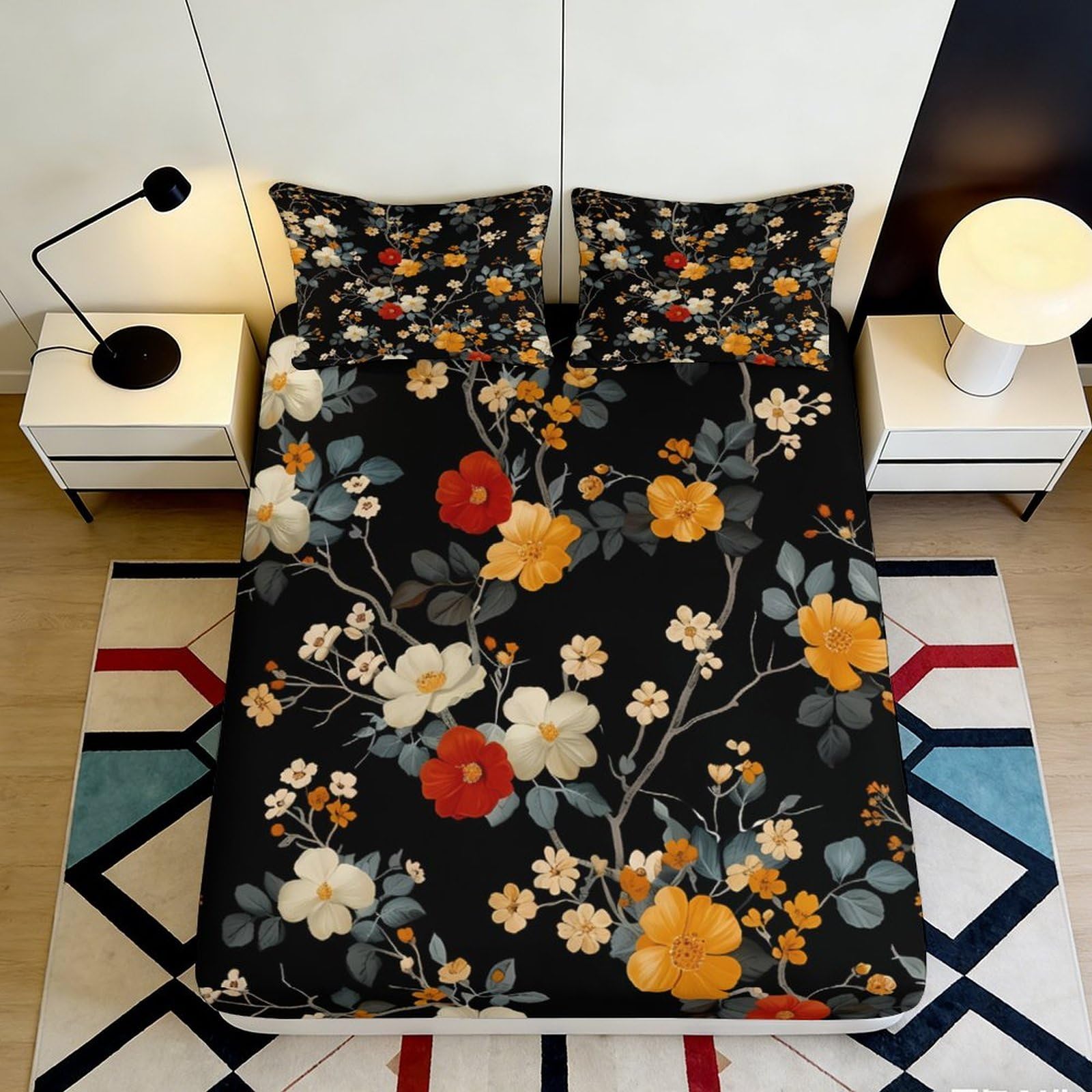 Dhbaneiok Style-9 3D Printed Vintage Floral Fitted Sheet Microfiber Orange Yellow Blossom Bed Sheet Non-Slip Machine Washable Bedroom Decor 90X200x25cm