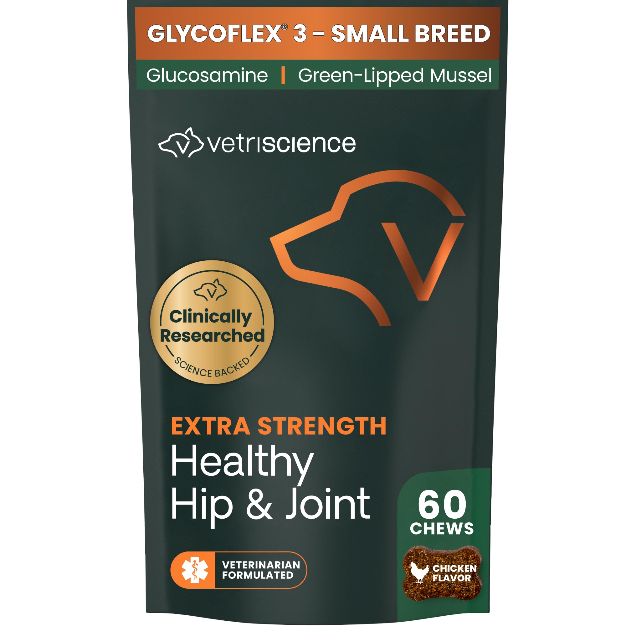 VetriScience Extra Strength Healthy Hip & Joint Chews, GlycoFlex Glucosamine and Green-Lipped Mussel Joint Support Supplement for Small Breed Dogs, Soothe Joint Discomfort, Chicken, 60 Count