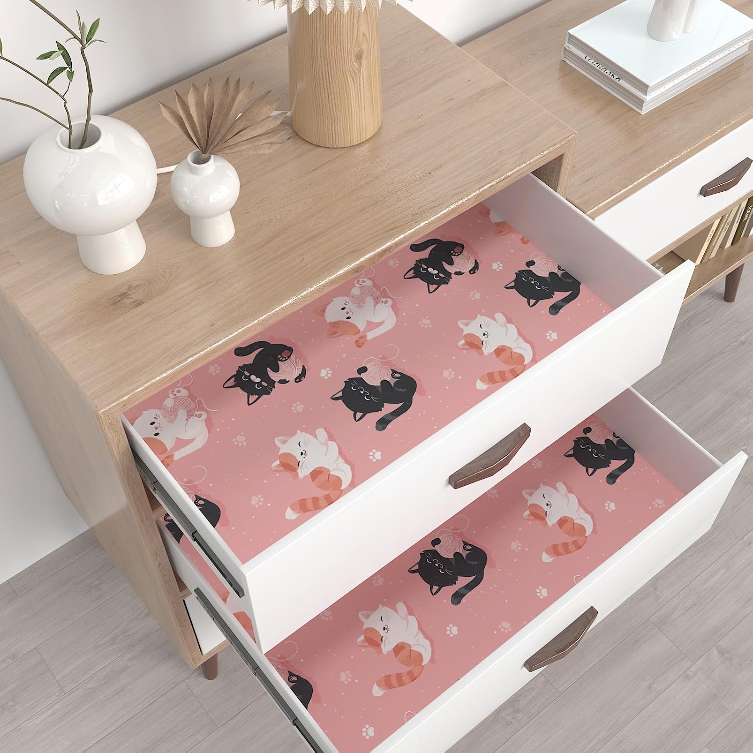 CHIHUT Salmon Pink Yarn Ball Cat Wallpaper Self Adhesive Fun Kitten Wallpaper Peel and Stick for Nursery 17.7"x236" Removable Self Adhesive Cat Paw Speckles Print Contact Paper for Cabinets Drawers