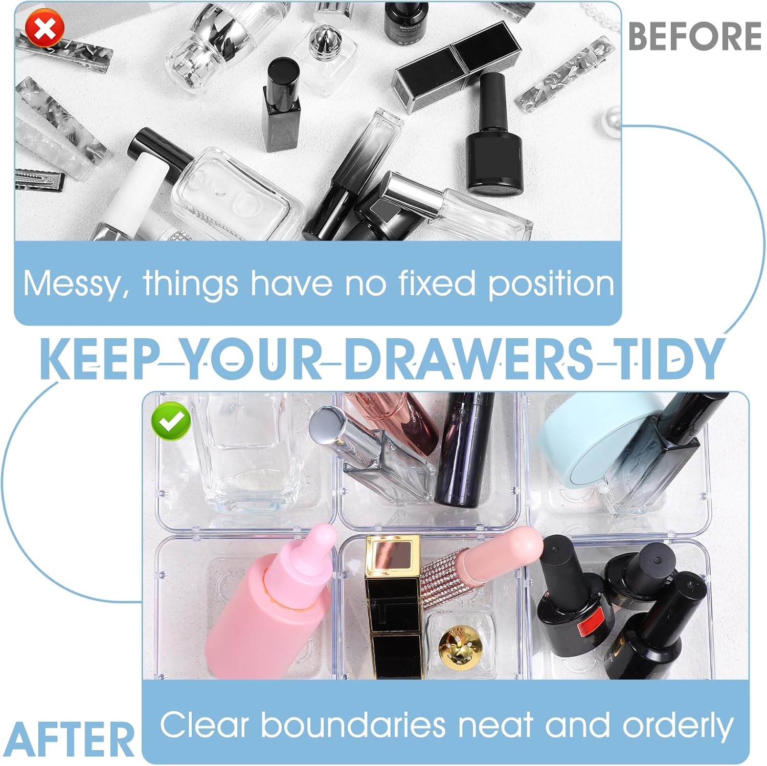 24 Pcs Clear Drawer Organizers 3" x 3" x 2" Stackable Small Makeup Vanity Storage Bins Small Desk Drawer Organization Clear Container Dividers for Makeup Vanity Office Bathroom Kitchen Utensil