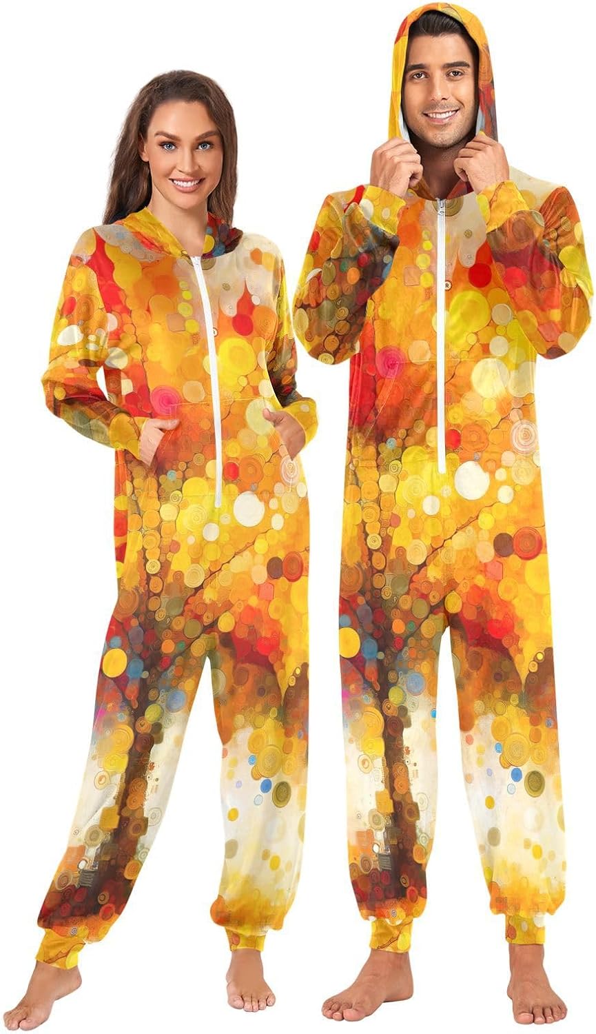 GAIREG Fall Tree Polka Dots Adult Zipper Onesie Pajamas, Christmas Pajama Onesie for Adults