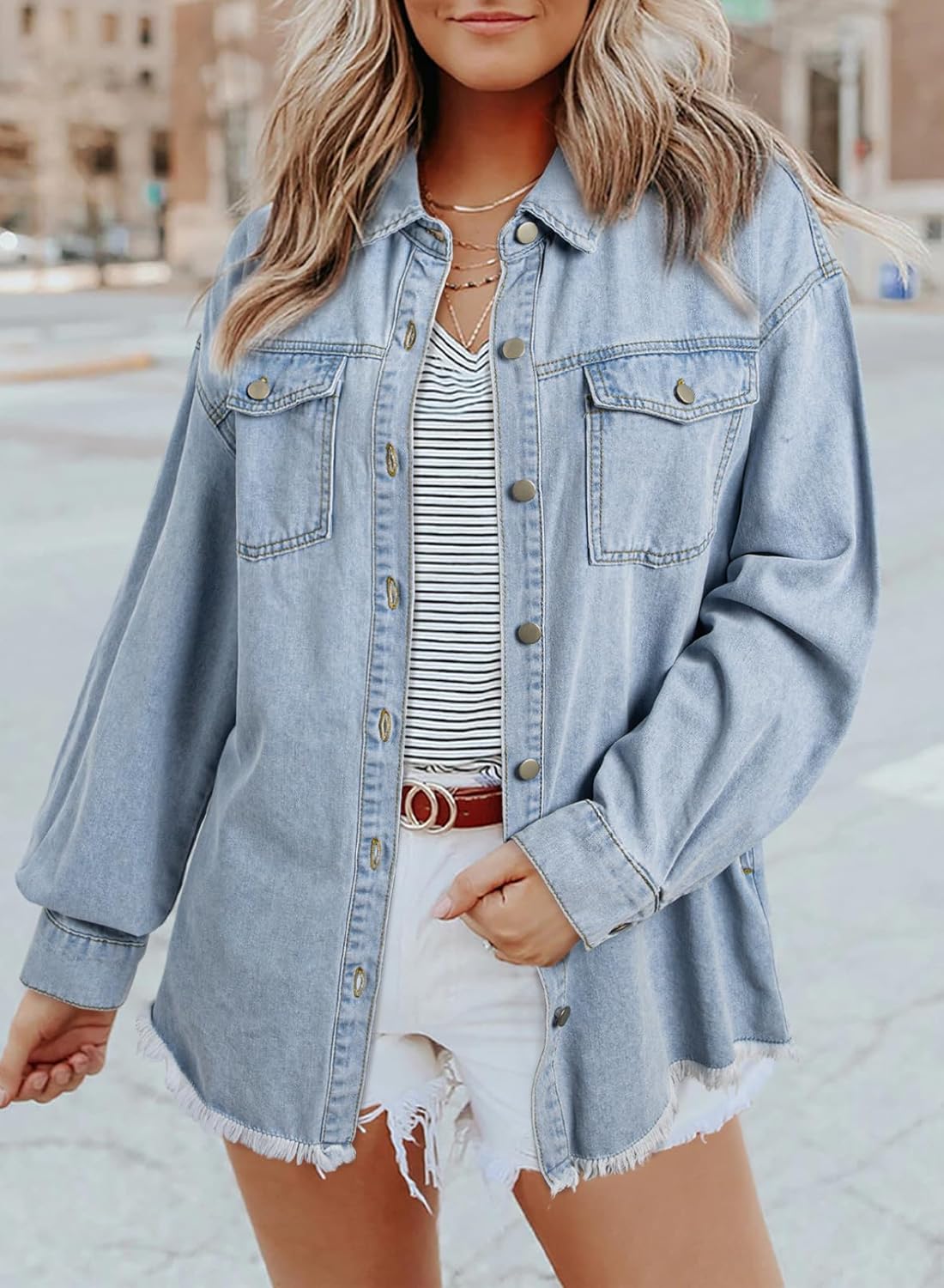 Dokotoo Women’s Oversized Denim Jacket Casual Long Sleeve Denim Shirts Distresse Jean Jacket Fall Outfits 2025