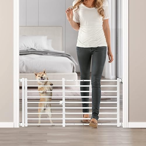 Miniatura 7 de Malier Puerta de metal para perros con puerta, puerta de perro expandible de 26 a 43 pulgadas de ancho, puerta corta para mascotas para escaleras y