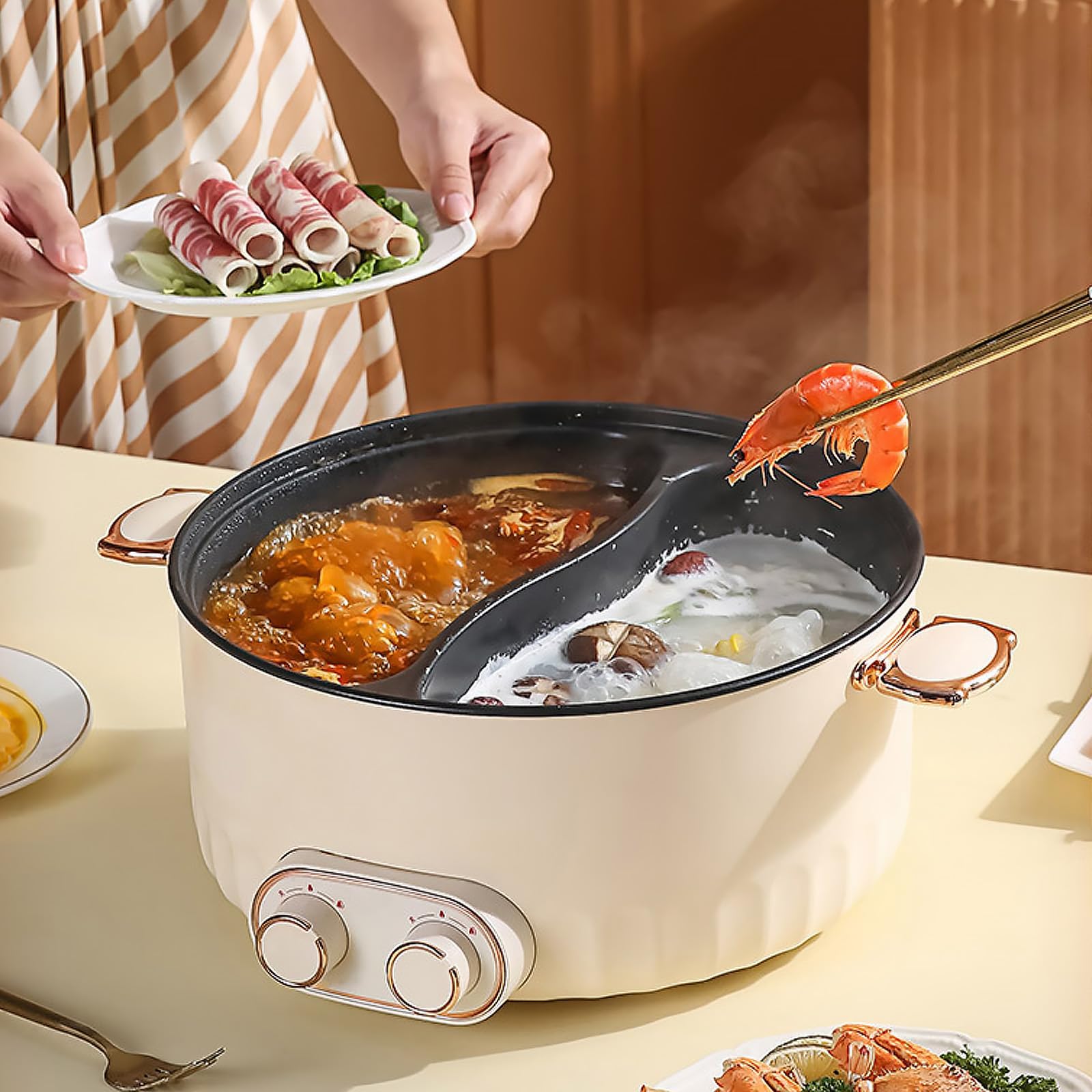 6L Hot Pot Électrique, 2000W Multifonctionnel Portable Marmite Électrique, Double Interrupteur de Commande Coupure Automatique pour Dortoir, Camping et Maison