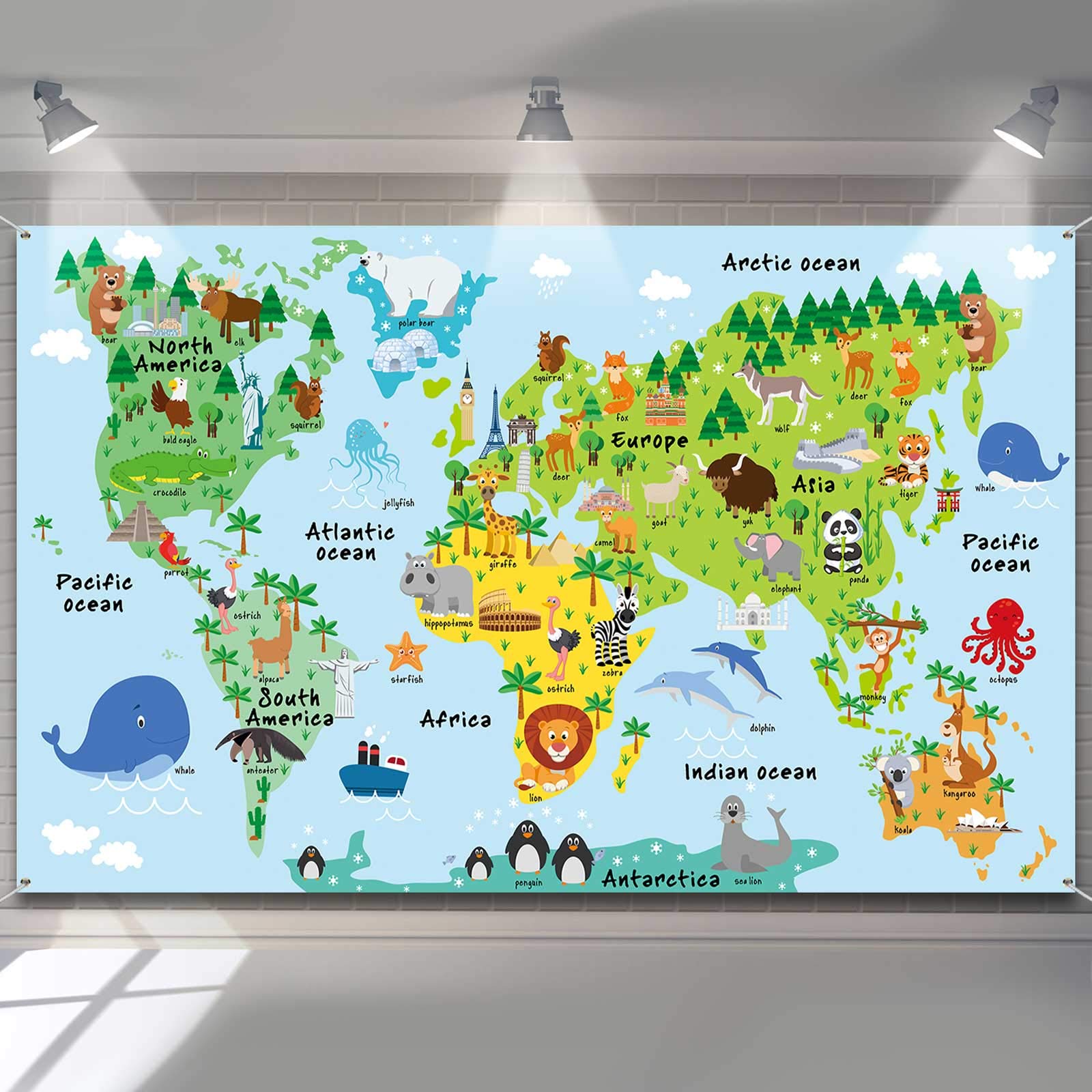 Buy World Map Backdrop Animal Landmarks World Map Tapestry for Kids