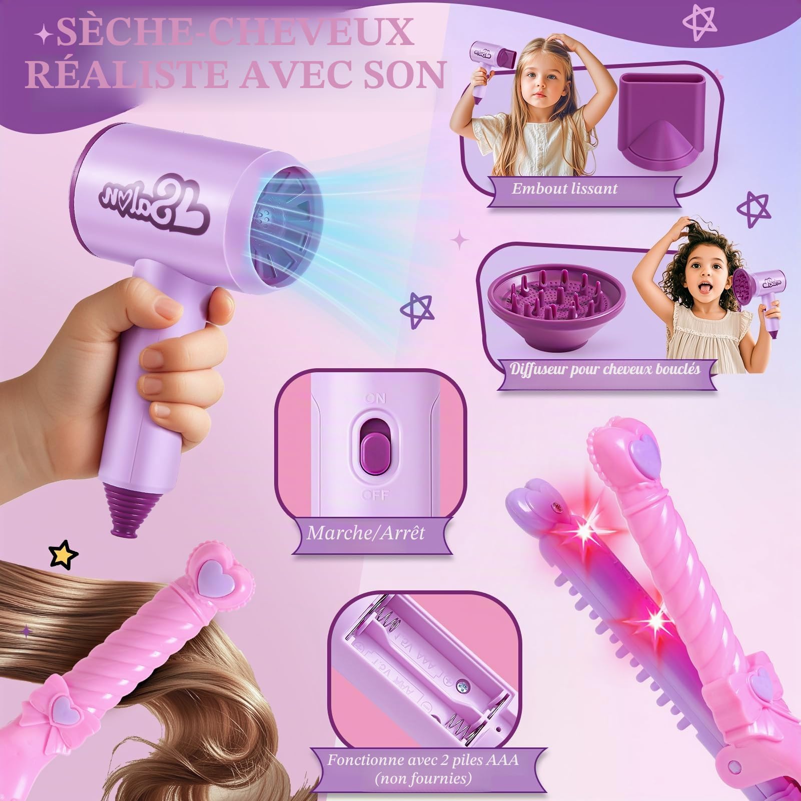 Tete a Coiffer Enfant avec Ensemble Accessoires Coiffure, Poupée de Maquiller avec Sèche-Cheveux Maquillage Autocollants pour Ongles, Salon de Coiffure Jouet Cadeaux pour Fille 3 4 5 6 Ans