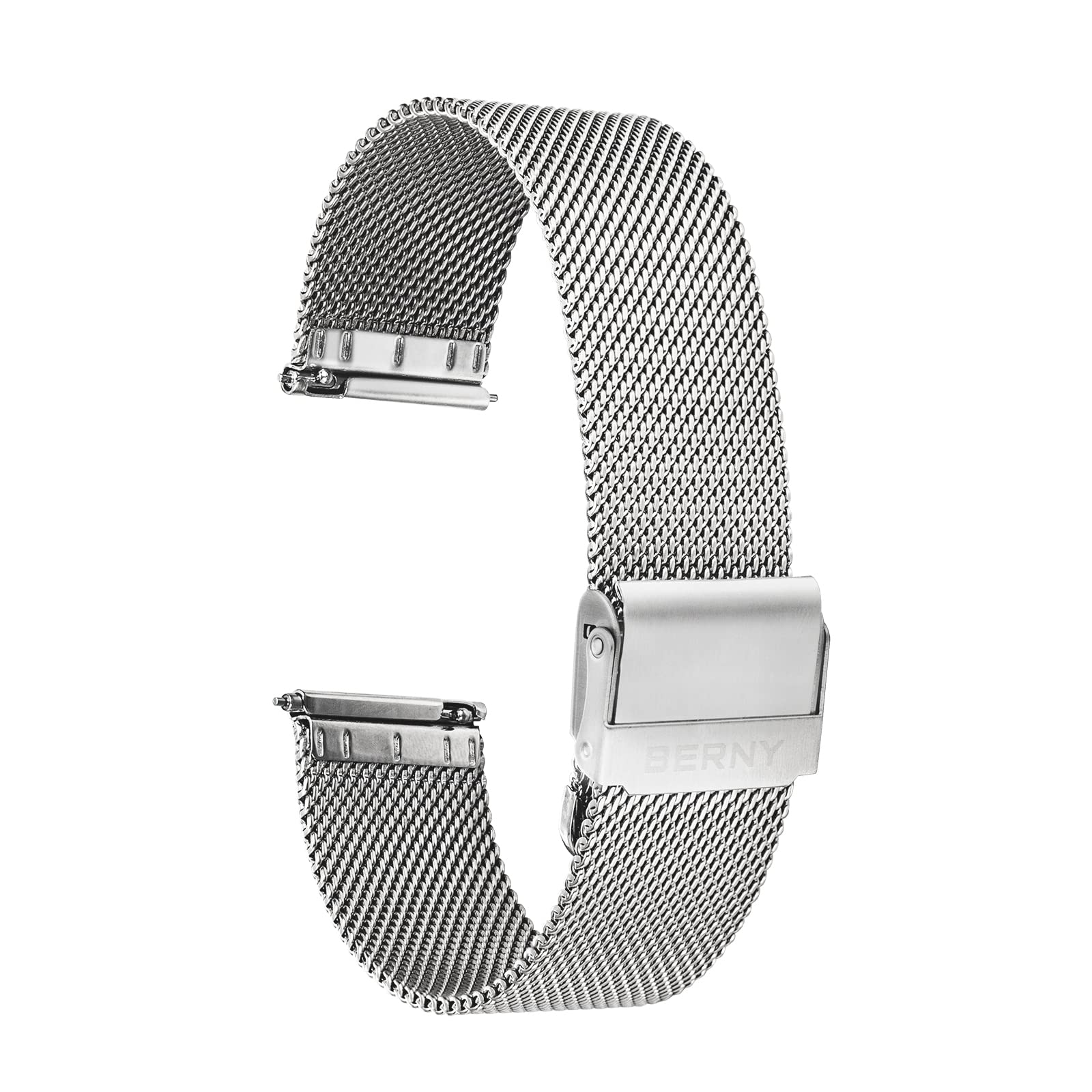 BERNY Stainless Steel Mesh Watch Band for Mens Women Quick Release Adjustable Watch Straps Thin Metal Bracelet with Safty Clasp 18mm 20mm 22mm, Silver