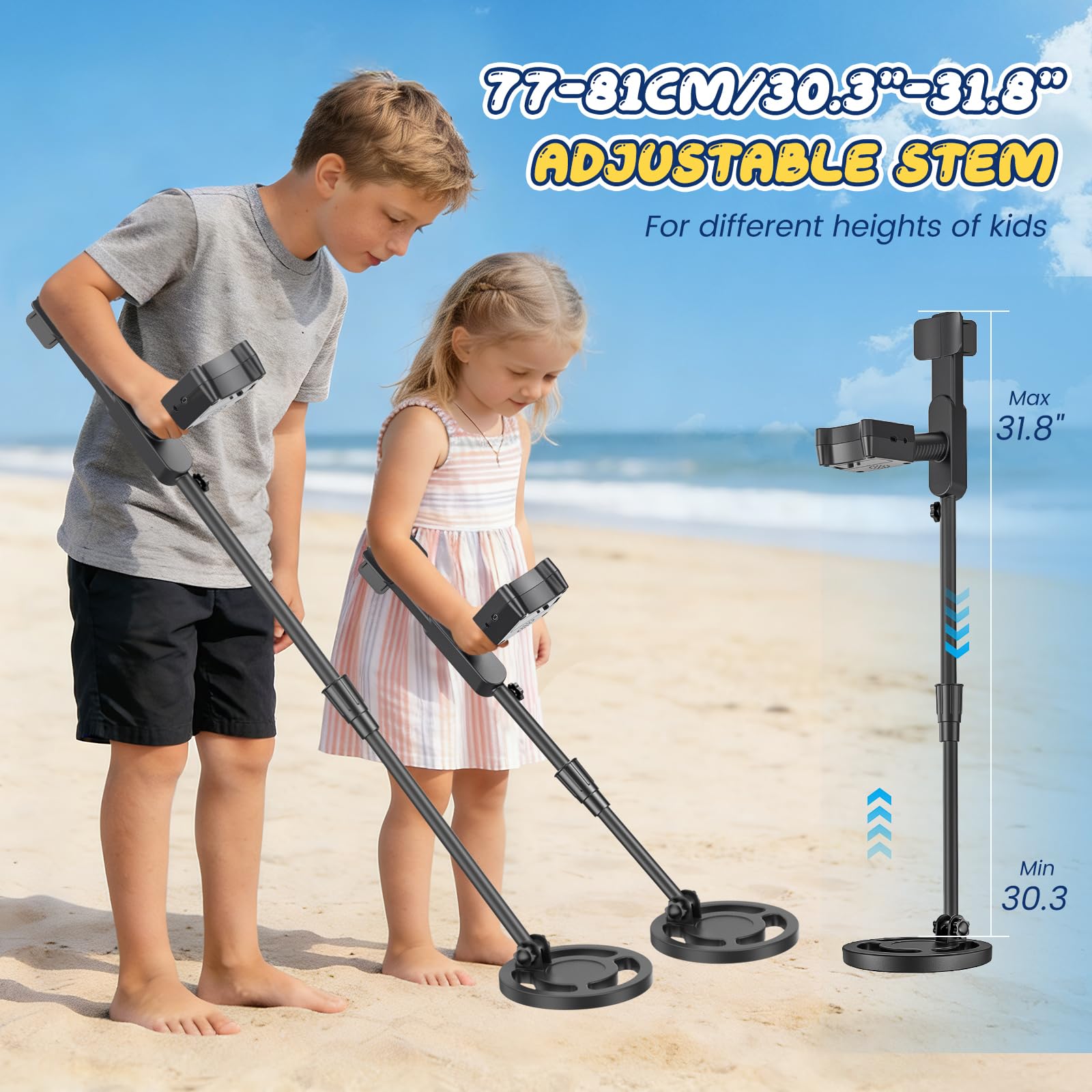 Detector de Metales Niño, Detector Ligero con Pantalla LCD e Indicación Sonora, IP68 Impermeable y Alta Sensibilidad, 2 Modos Kit de Caza del Tesoro para Niños Buscador de Oro (Azul)