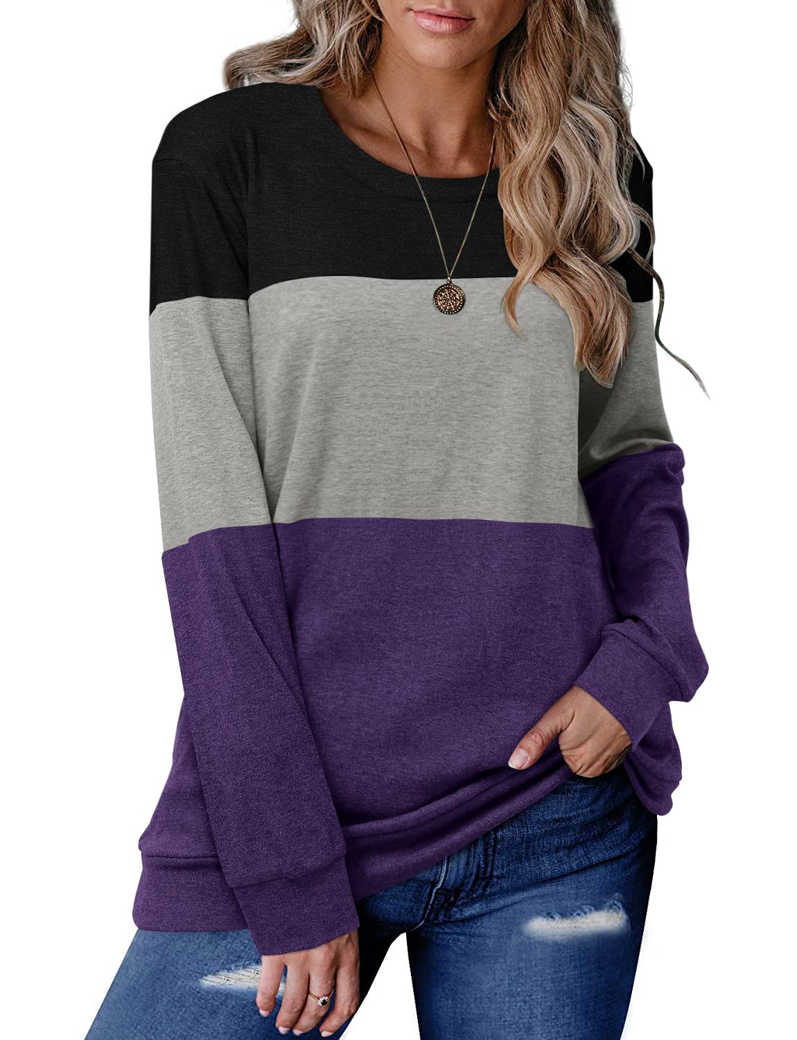 Women Long Sleeve Sweatshirt Crew Neck Fall Tunic Tops Casual Pullover Tops