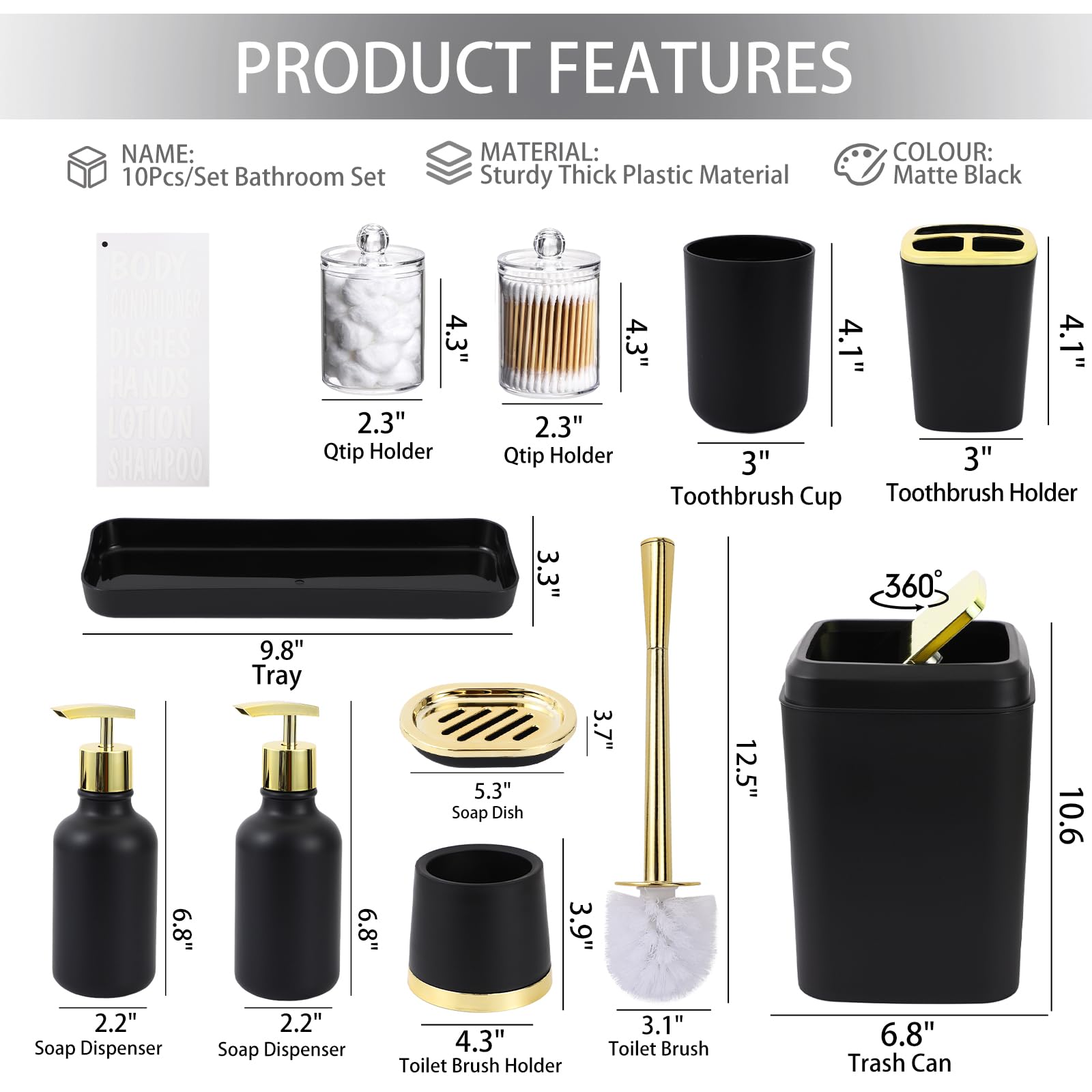 XLHOMO Schwarz und Gold Badezimmer Zubehör Set - 10 Stück Badezimmer Sets mit Mülleimer, Seifenspender, Seifenschale, Zahnbürstenhalter und Becher, Toilettenbürste, Qtip Halter, Badezimmer Zubehör Set