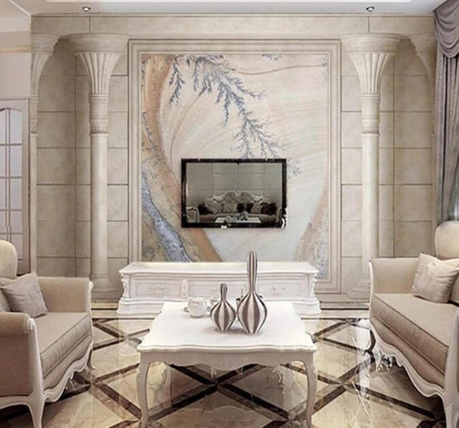 XLMING Vintage Three Dimensional Columns Leaves Marble Effect 3D Wallpaper Luxury Silk Study Dining Feature Sofa Grey Bedroom Living Room Tv Decorative Wall-250cm×170cm