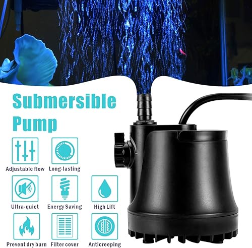 Miniatura 4 de AQQA Bomba sumergible, bomba de agua de fuente ultra silenciosa, entrada inferior potente de 360 con alta elevación, tasa de flujo ajustable, 2