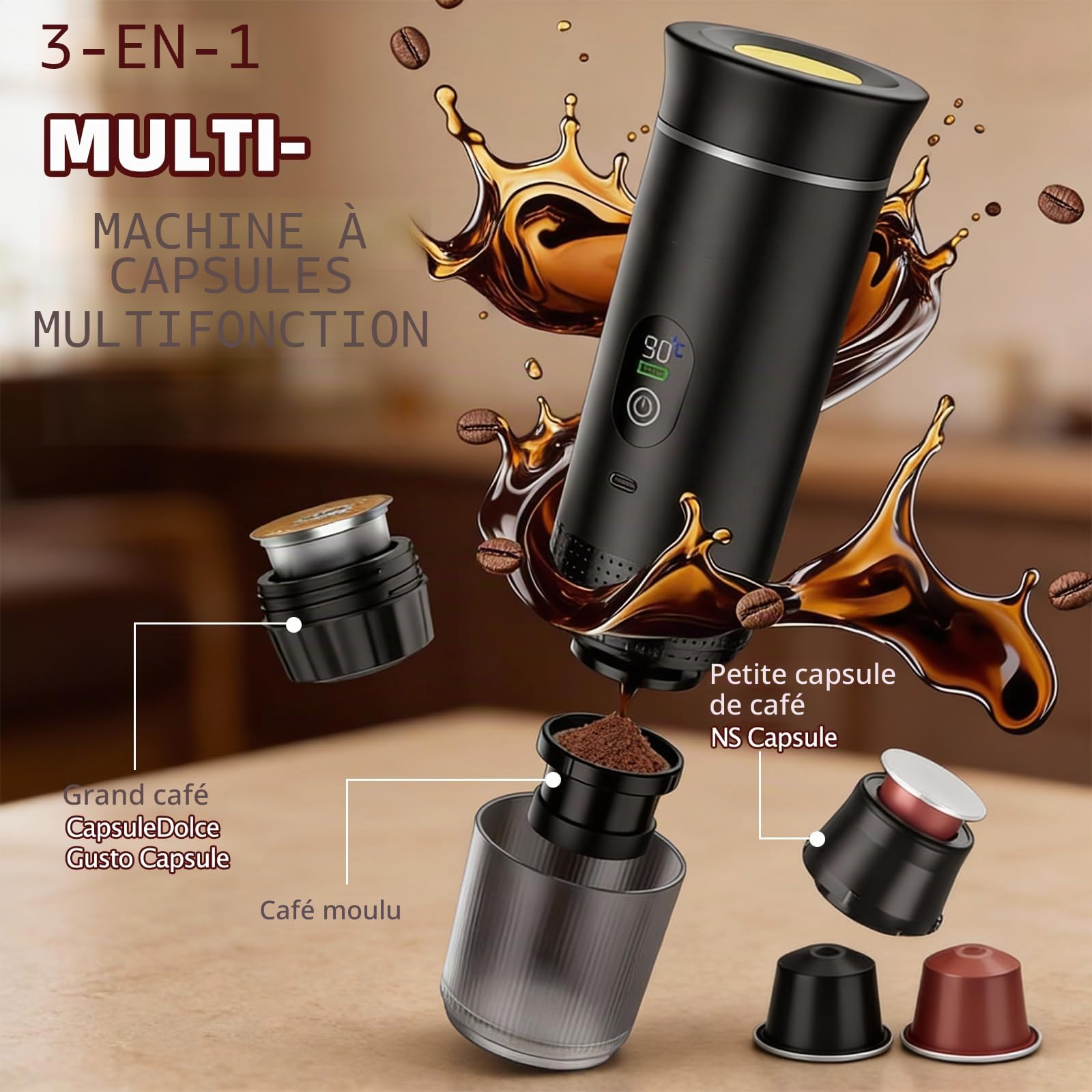 Machine à Cafe Portable, Cafetiere Portable Rechargeable, Auto-Chauffante Mini Expresso Machine à Café Capsules, Charge USB-C, Compatible avec Café Moulu et Capsules NS pour Camping, Voyages, VR