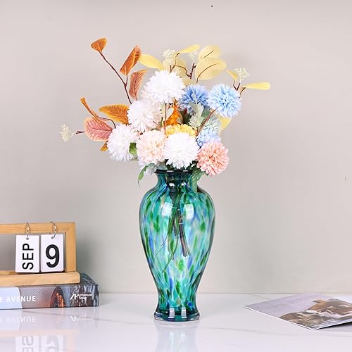 Miniatura 7 de Jarrón de vidrio soplado a mano de 11.8 pulgadas de alto, hermoso jarrón turquesa de boca ancha para centro de mesa, floreros pintados de cristal de